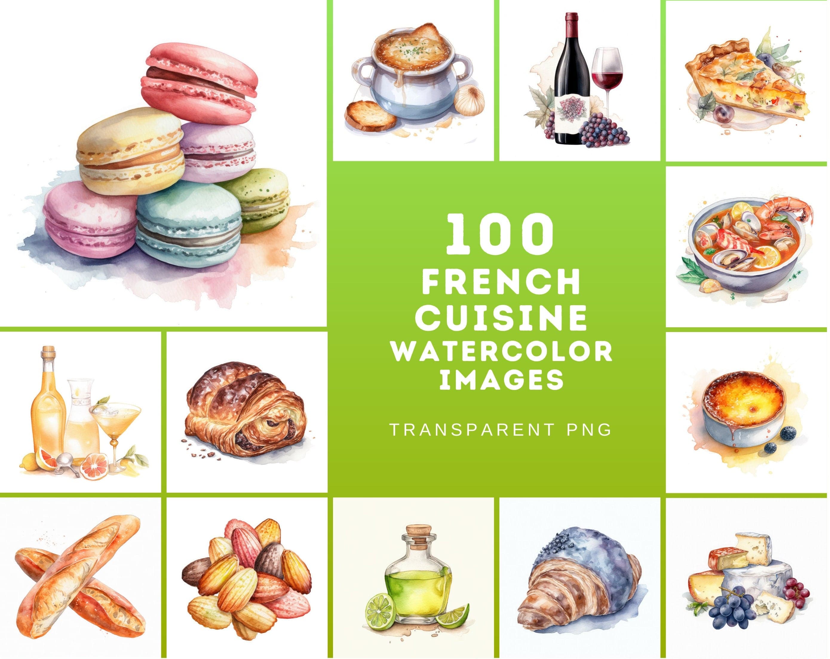 100 Transparent Exquisite French Cuisine Watercolor Images Bundle - Digital Download for Instant Art, Scrapbooking, and DIY Projects Digital Download Sumobundle