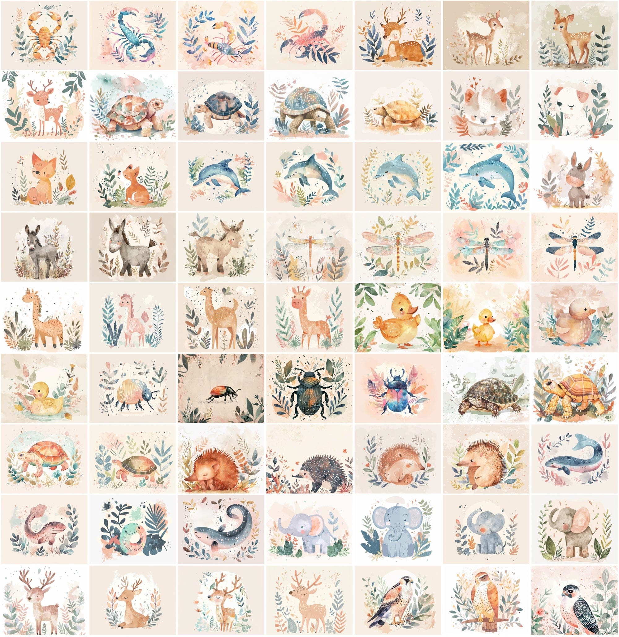 1000 Scandinavian Style Animal Prints - Pastel Colors, Watercolor, Commercial License Digital Download Sumobundle