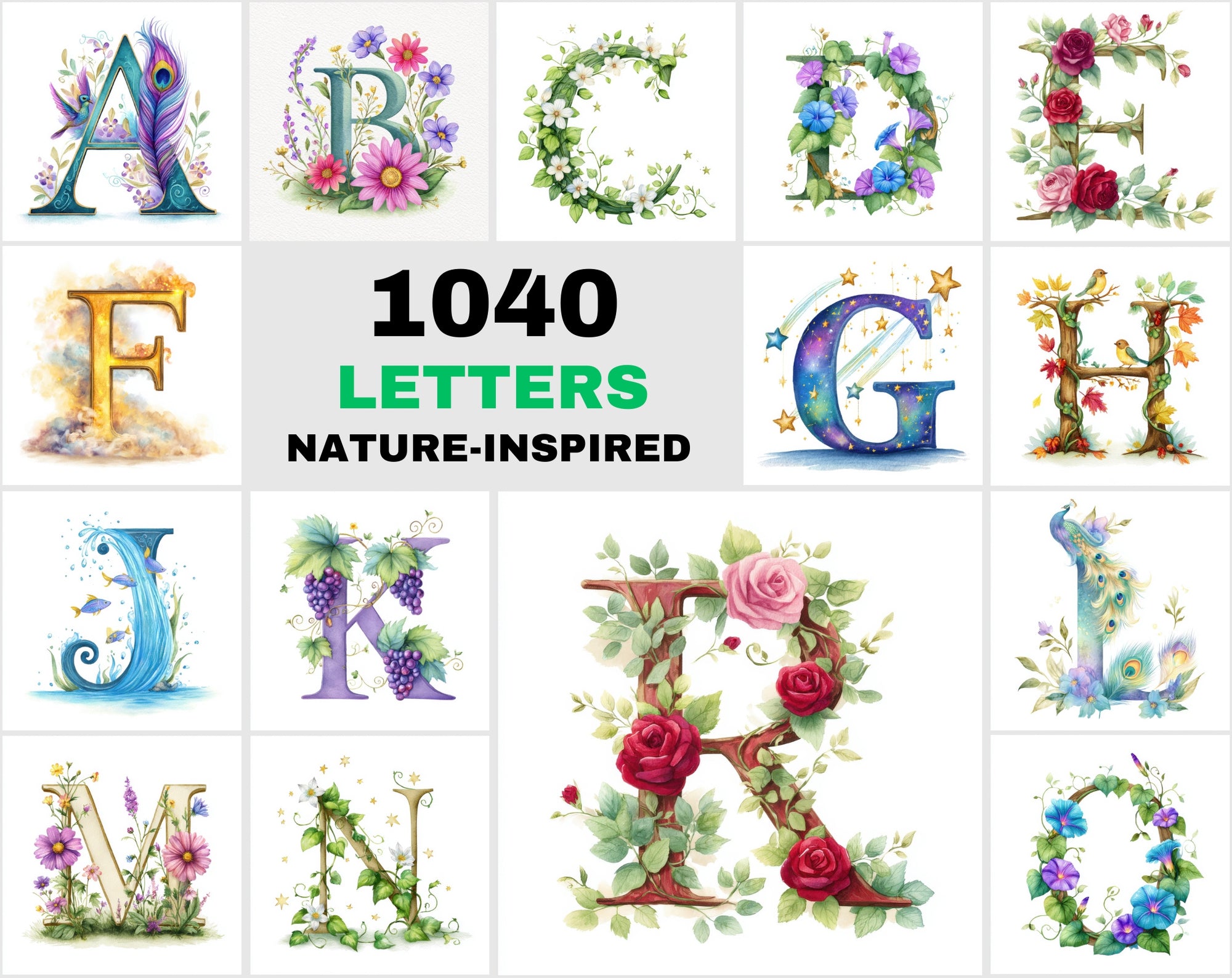 1040 Watercolor Floral Letters – Nature-Inspired Alphabet Clipart