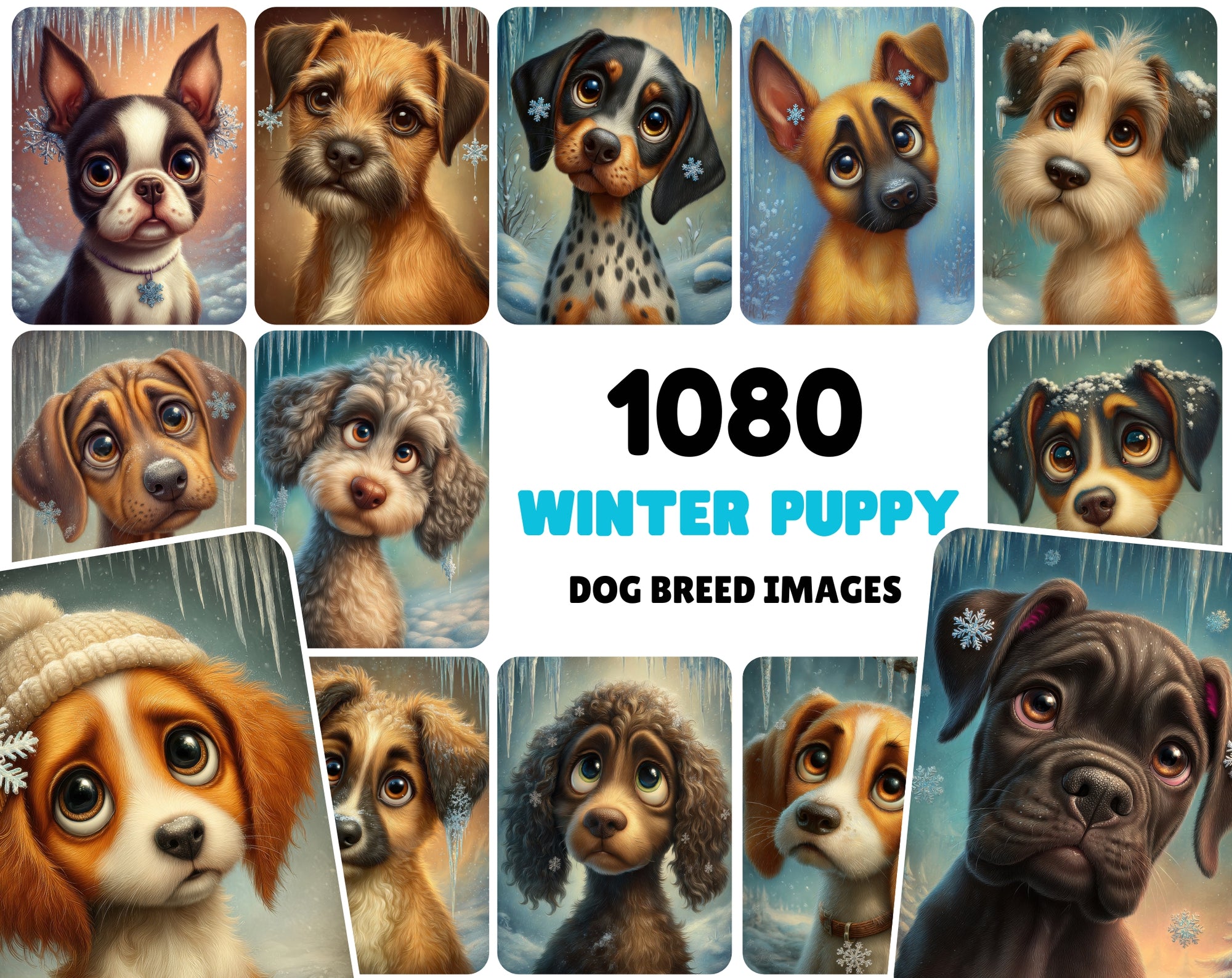 1080 Cute Dog Breed Illustrations – High-Resolution Winter Puppy Art with Commercial License