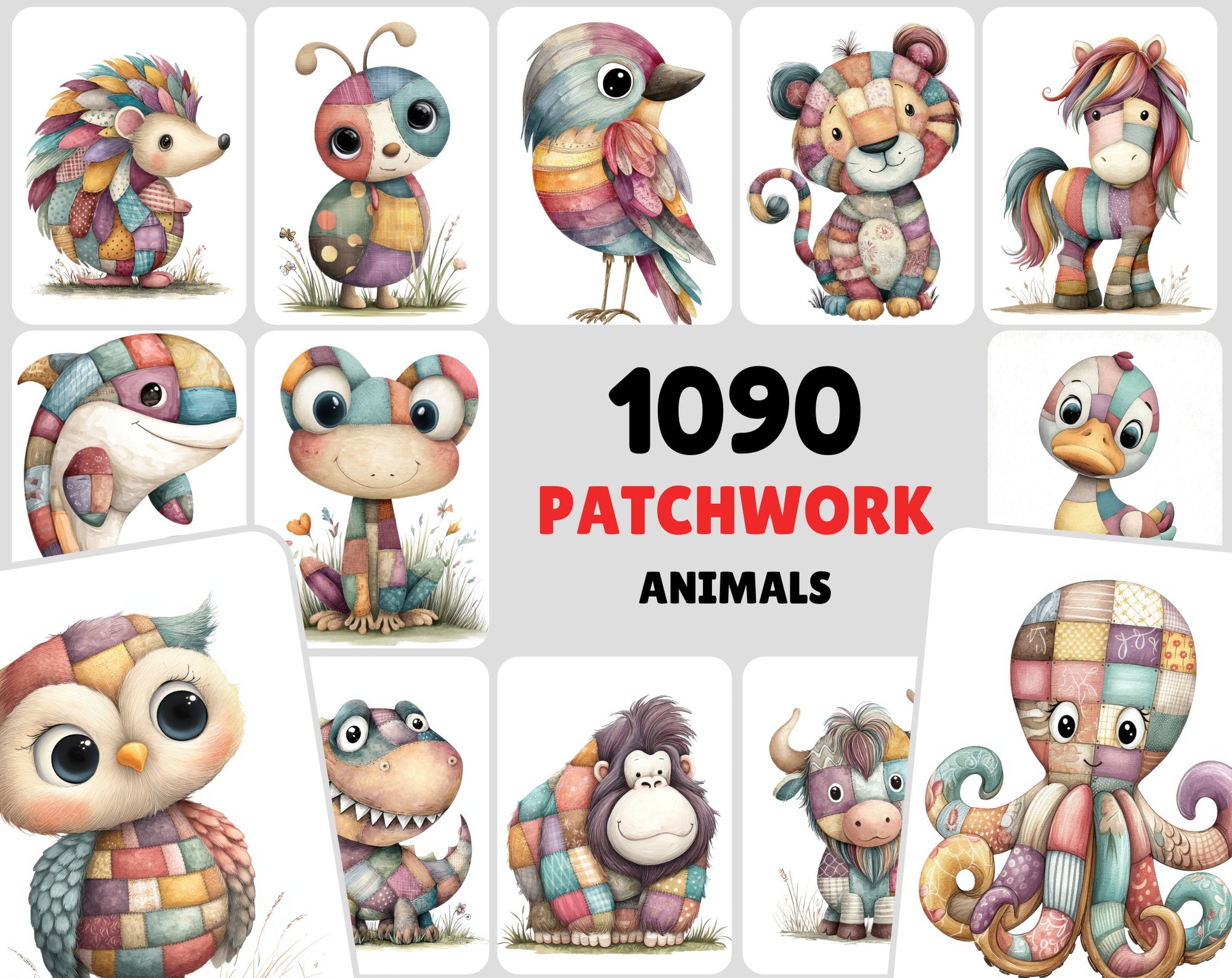 1090 Patchwork Animal Clipart Bundle – Cute Kids Book Style Animals
