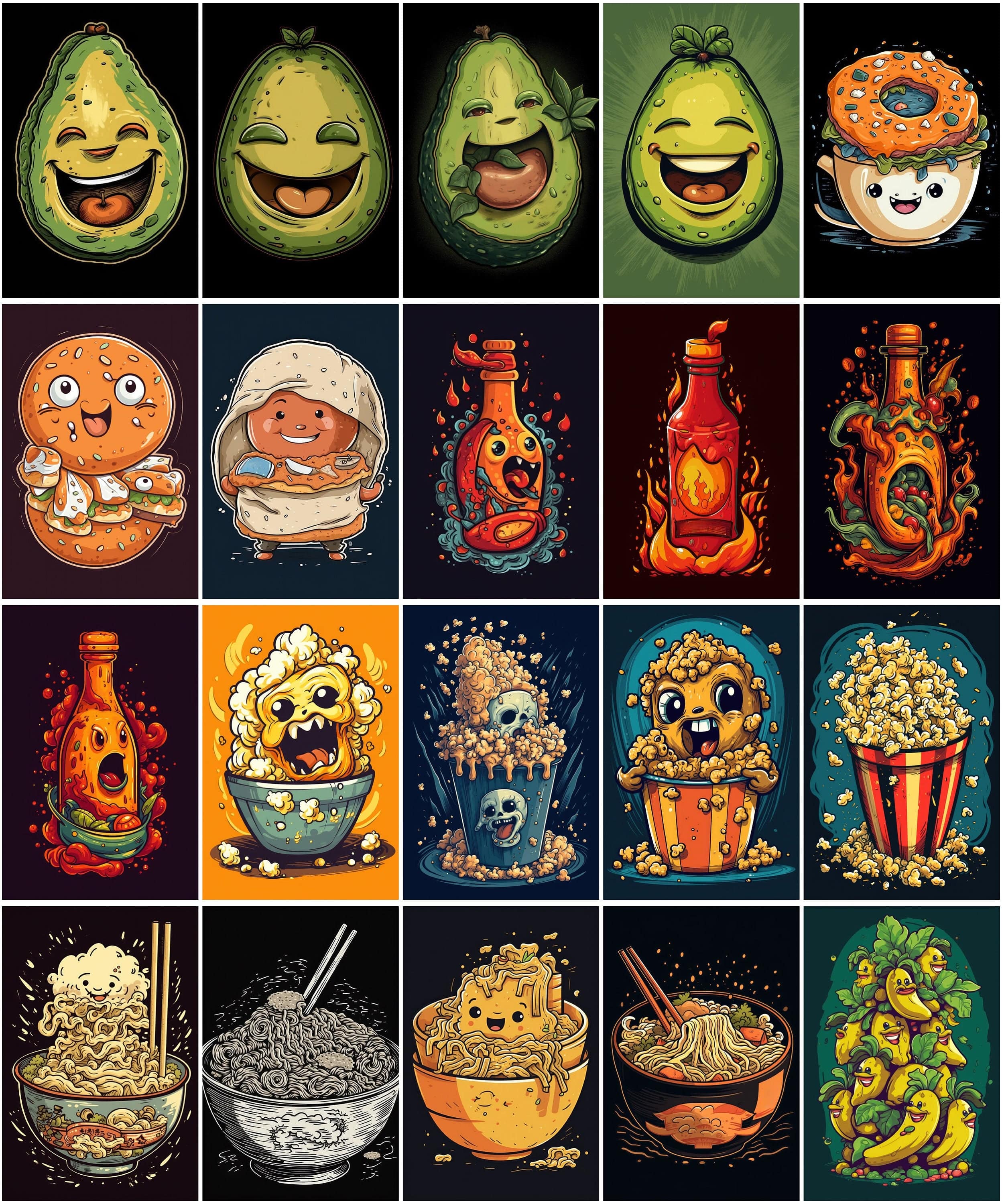 110 Funny Food Characters Bundle: Unique T-Shirt & Wall Art PNG Designs - Pizza, Pasta, and More Digital Download Sumobundle