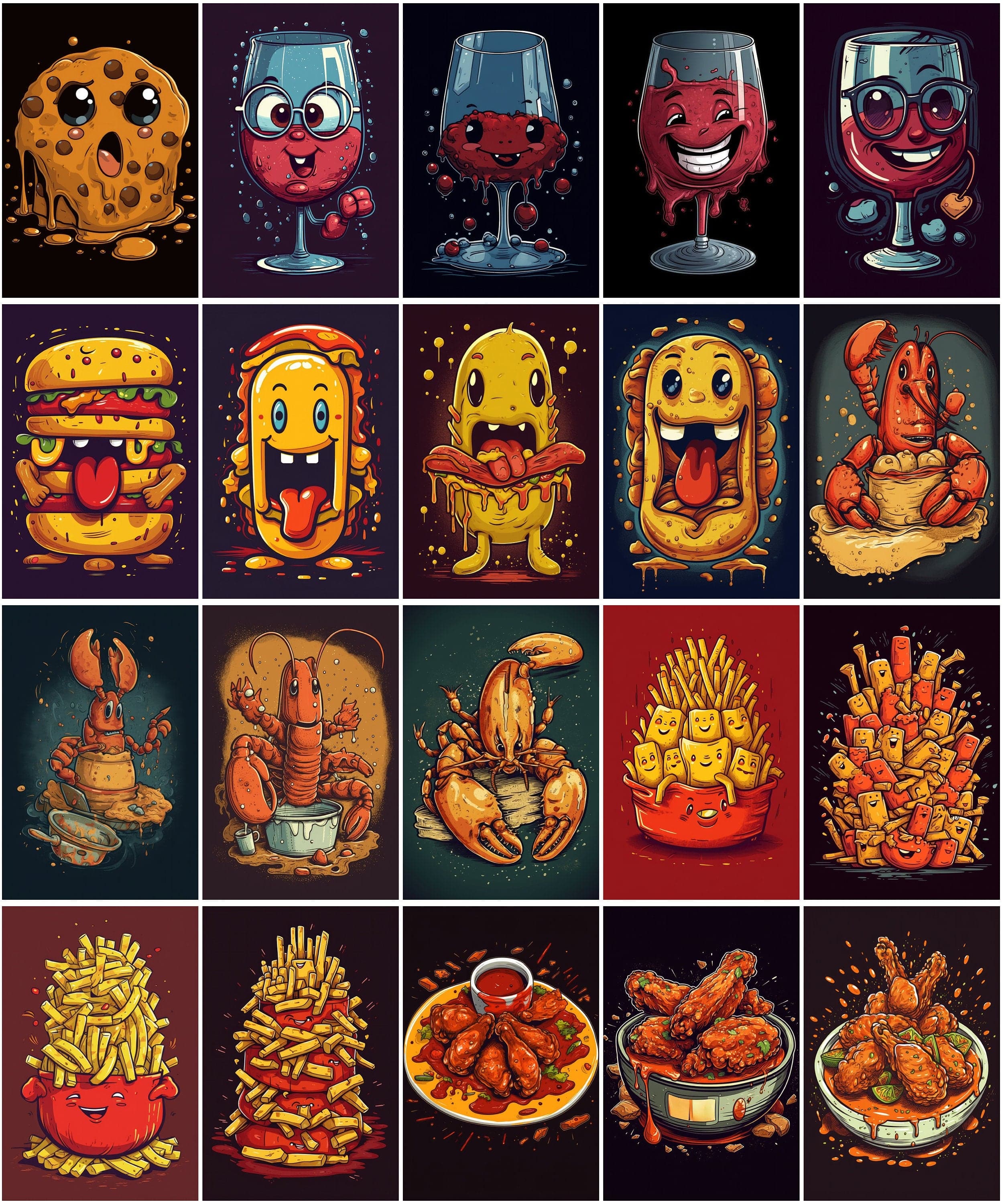110 Funny Food Characters Bundle: Unique T-Shirt & Wall Art PNG Designs - Pizza, Pasta, and More Digital Download Sumobundle