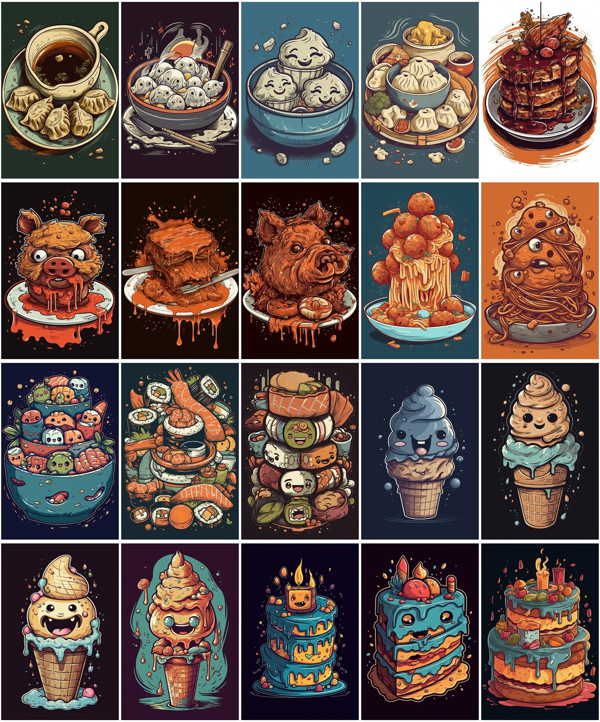 110 Funny Food Characters Bundle: Unique T-Shirt & Wall Art PNG Designs - Pizza, Pasta, and More Digital Download Sumobundle