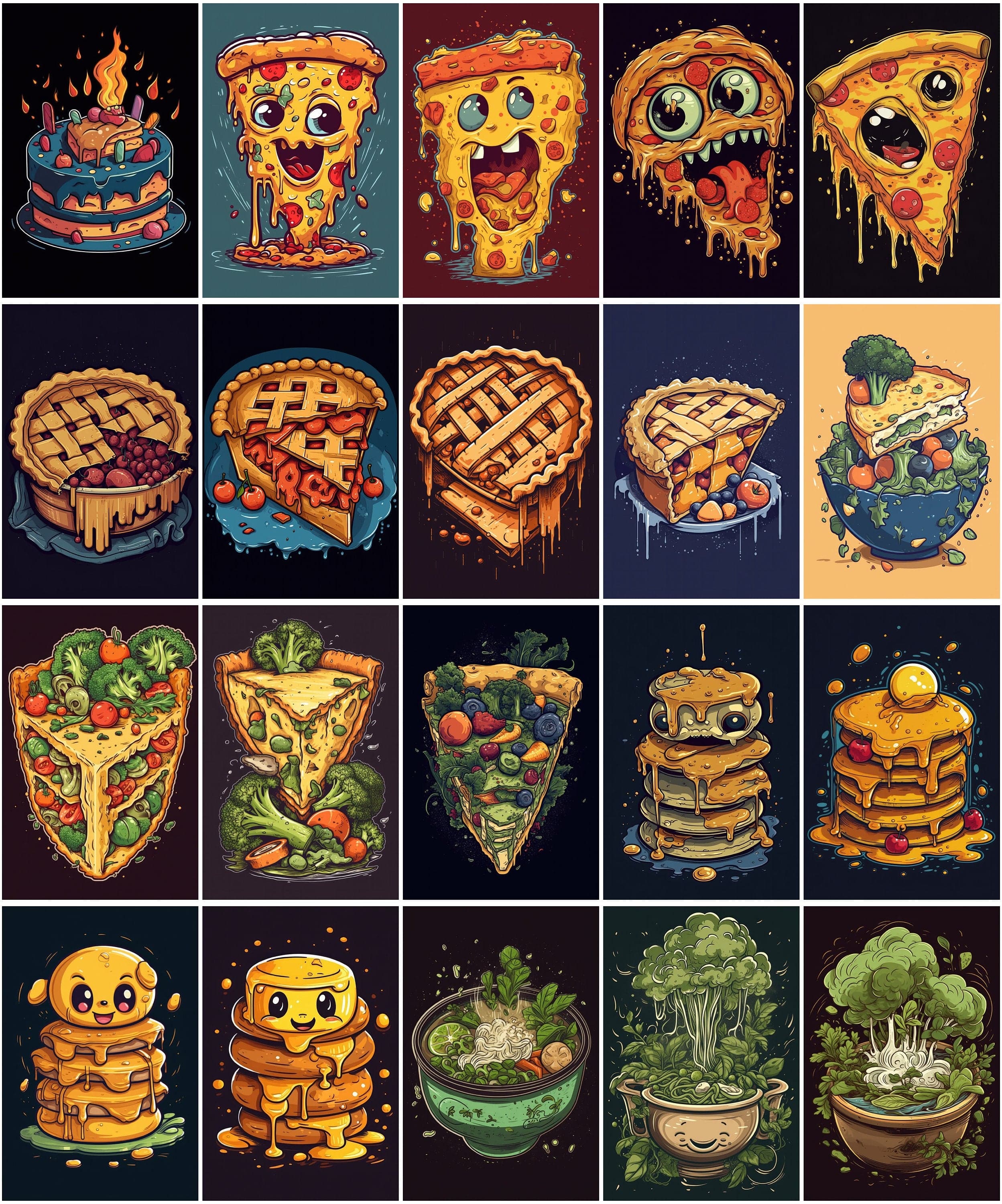110 Funny Food Characters Bundle: Unique T-Shirt & Wall Art PNG Designs - Pizza, Pasta, and More Digital Download Sumobundle