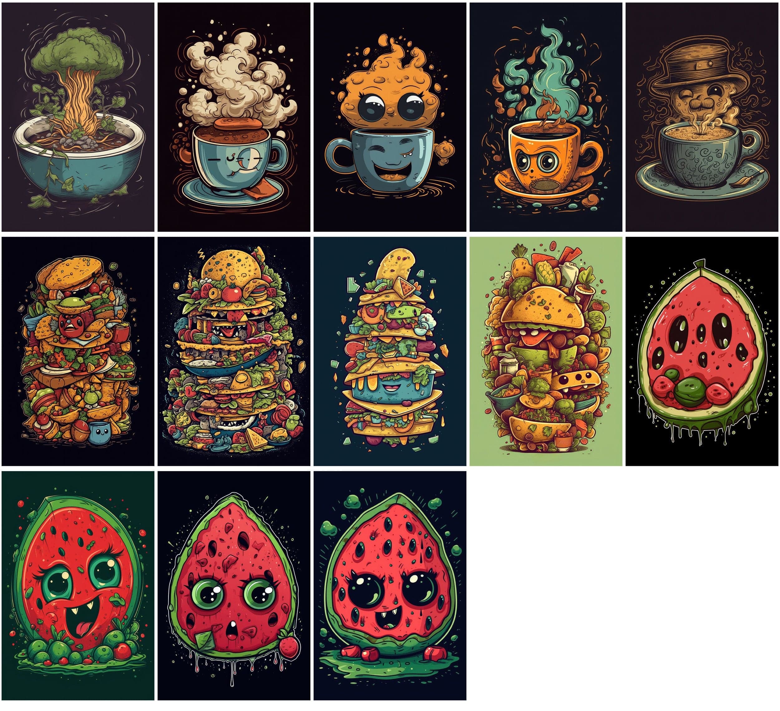 110 Funny Food Characters Bundle: Unique T-Shirt & Wall Art PNG Designs - Pizza, Pasta, and More Digital Download Sumobundle