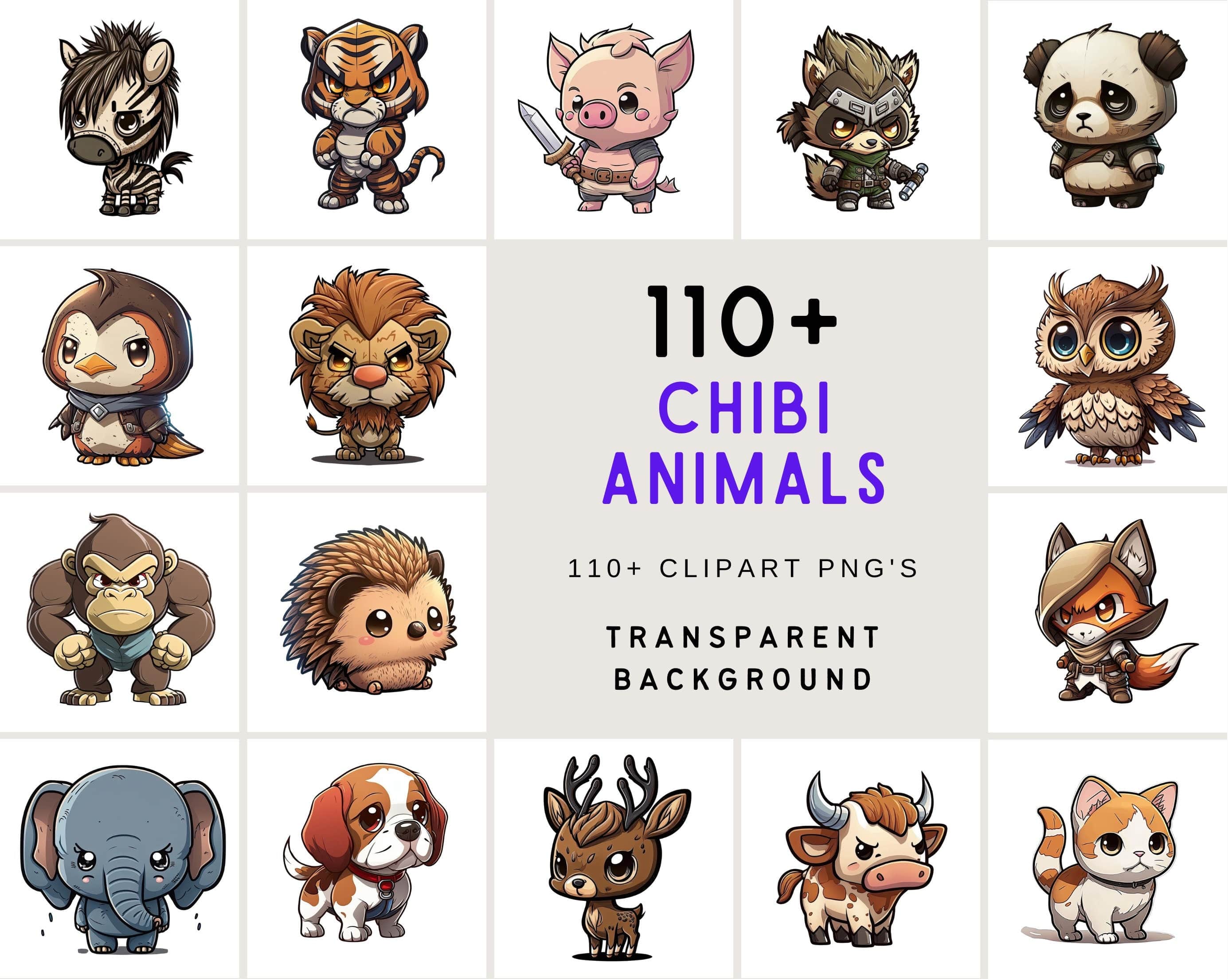 117 Adorable Chibi Animal Illustrations with Transparent Backgrounds - Perfect for Merchandise, Stickers, and Digital Art, Commercial Use Digital Download Sumobundle