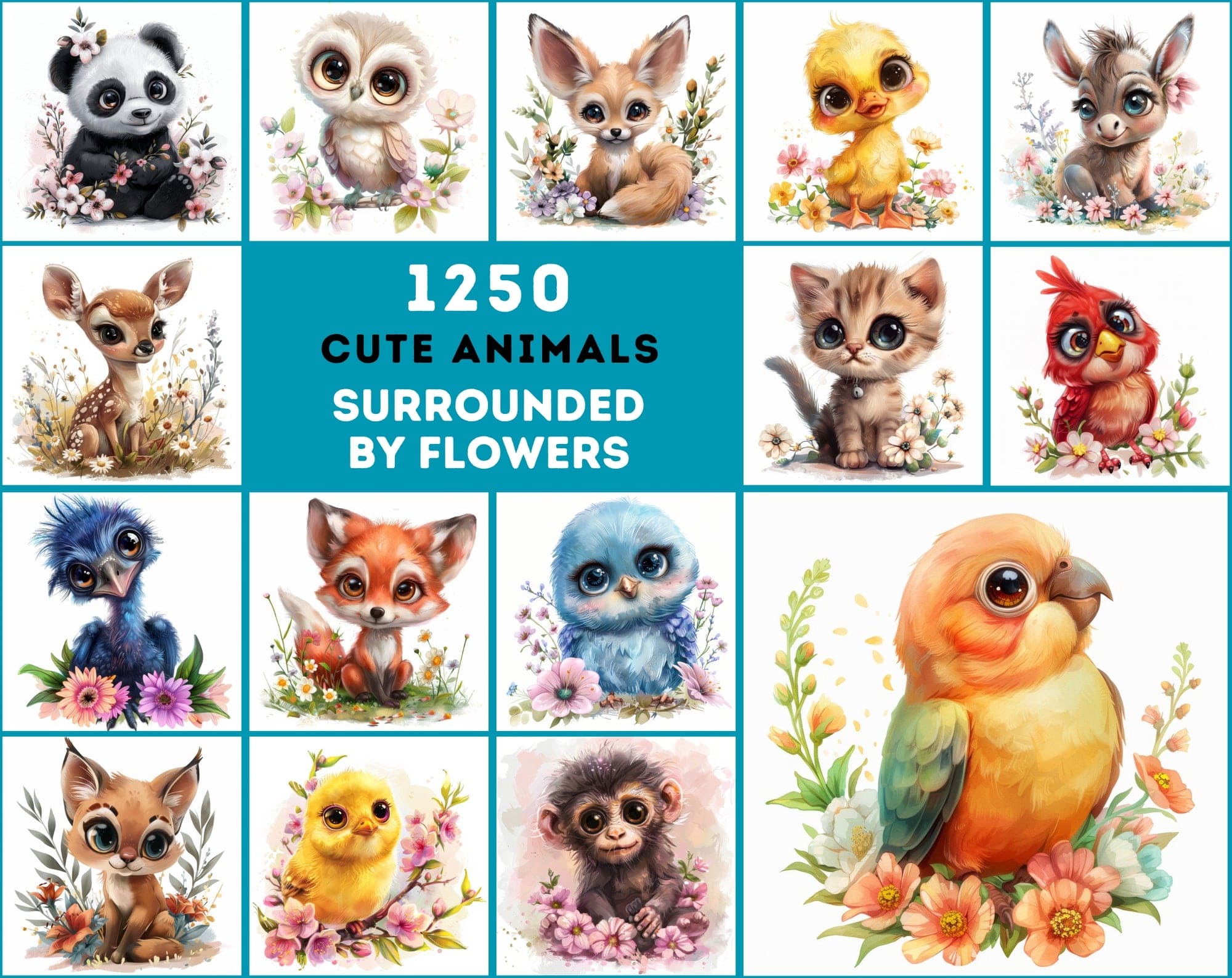 1250 Cute Animals Nestled in Beautiful Flowers - Your Ultimate Floral Animal Collection Store Digital Download Sumobundle