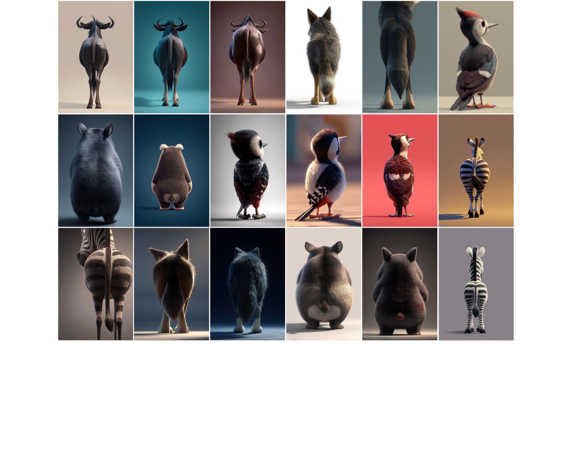 1080 Funny Animal Backs – Unique Rear View Animal Illustrations JPG Bundle