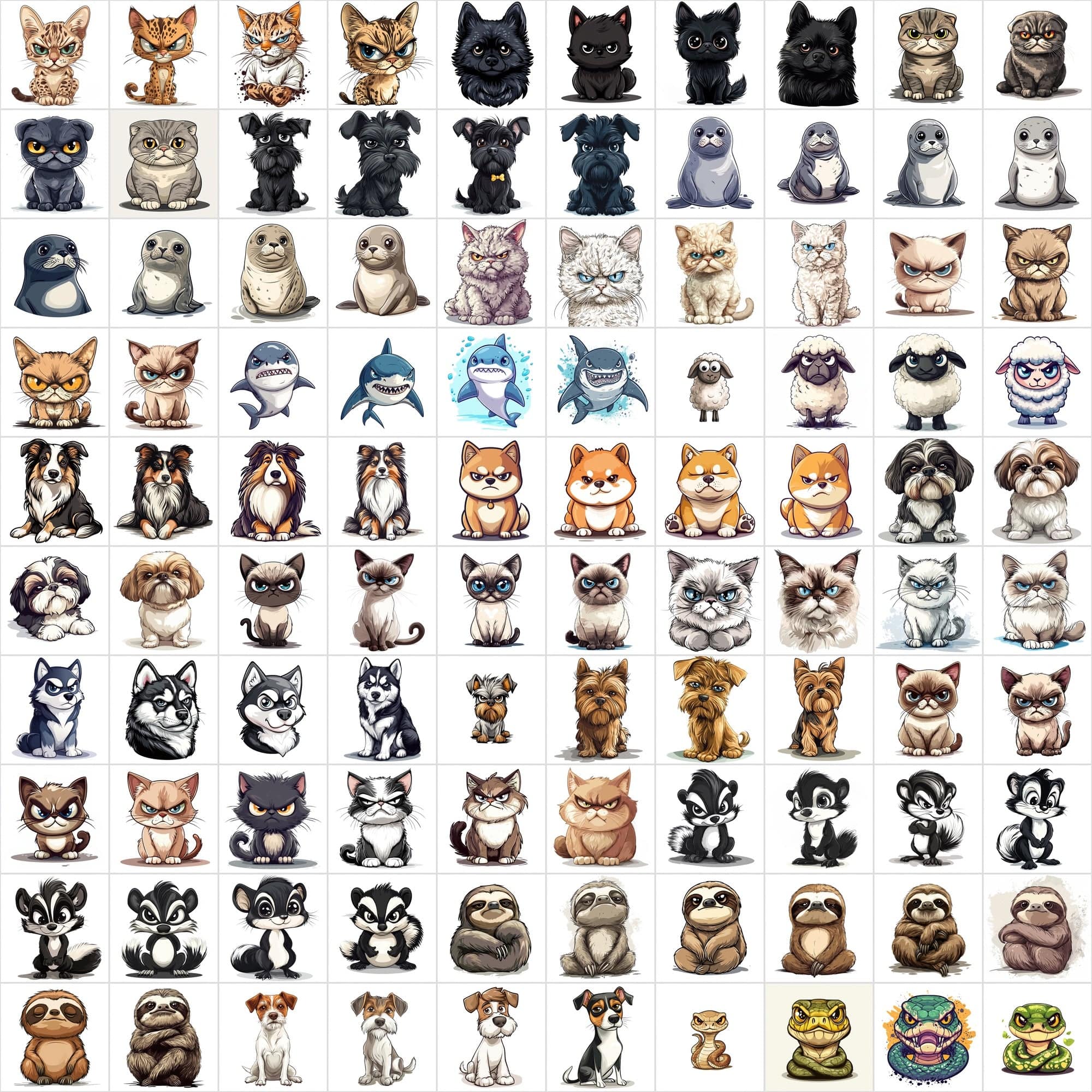 1390 Grumpy Animal Illustrations: Diverse Creature Collection Digital Download Sumobundle