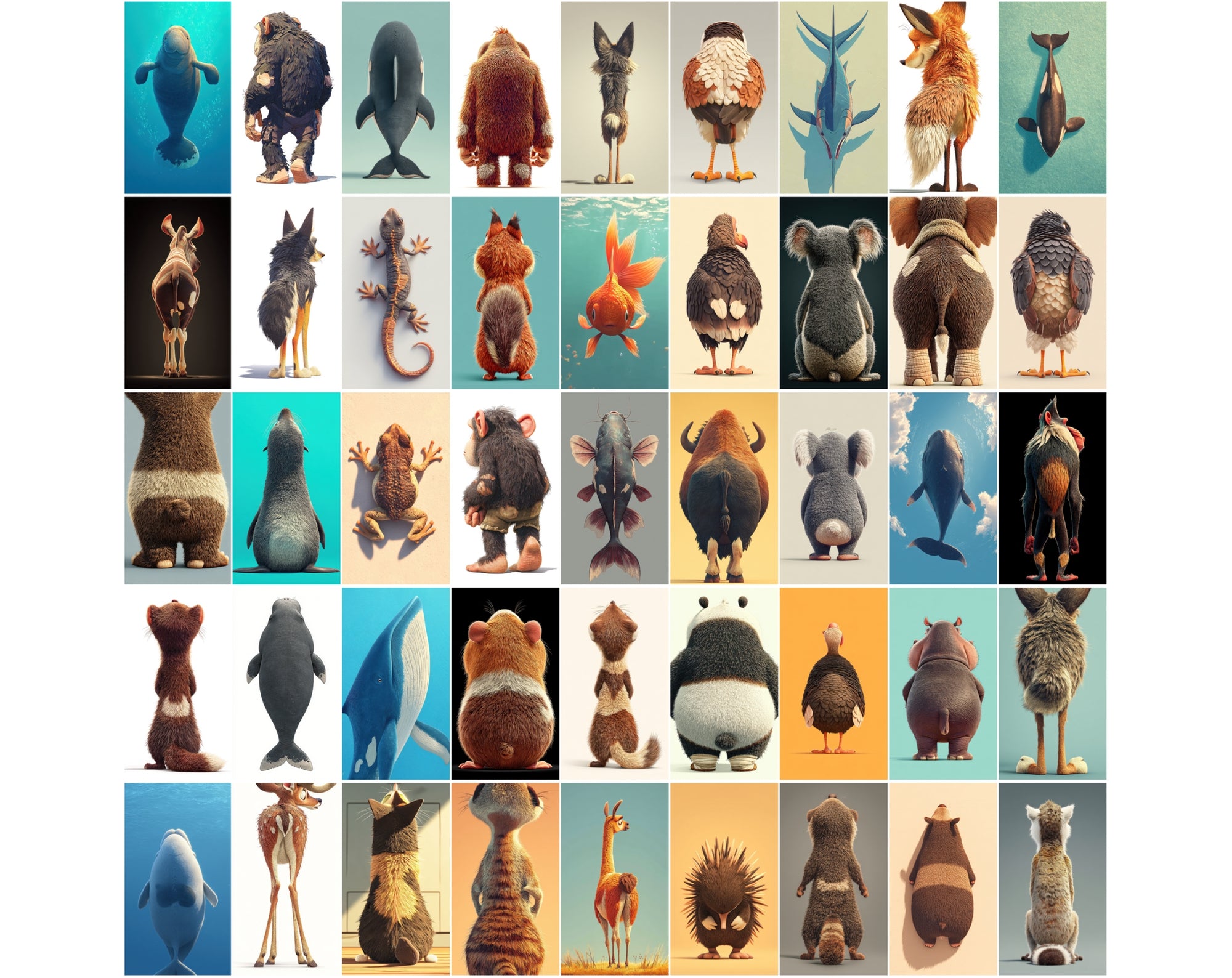 1080 Funny Animal Backs – Unique Rear View Animal Illustrations JPG Bundle
