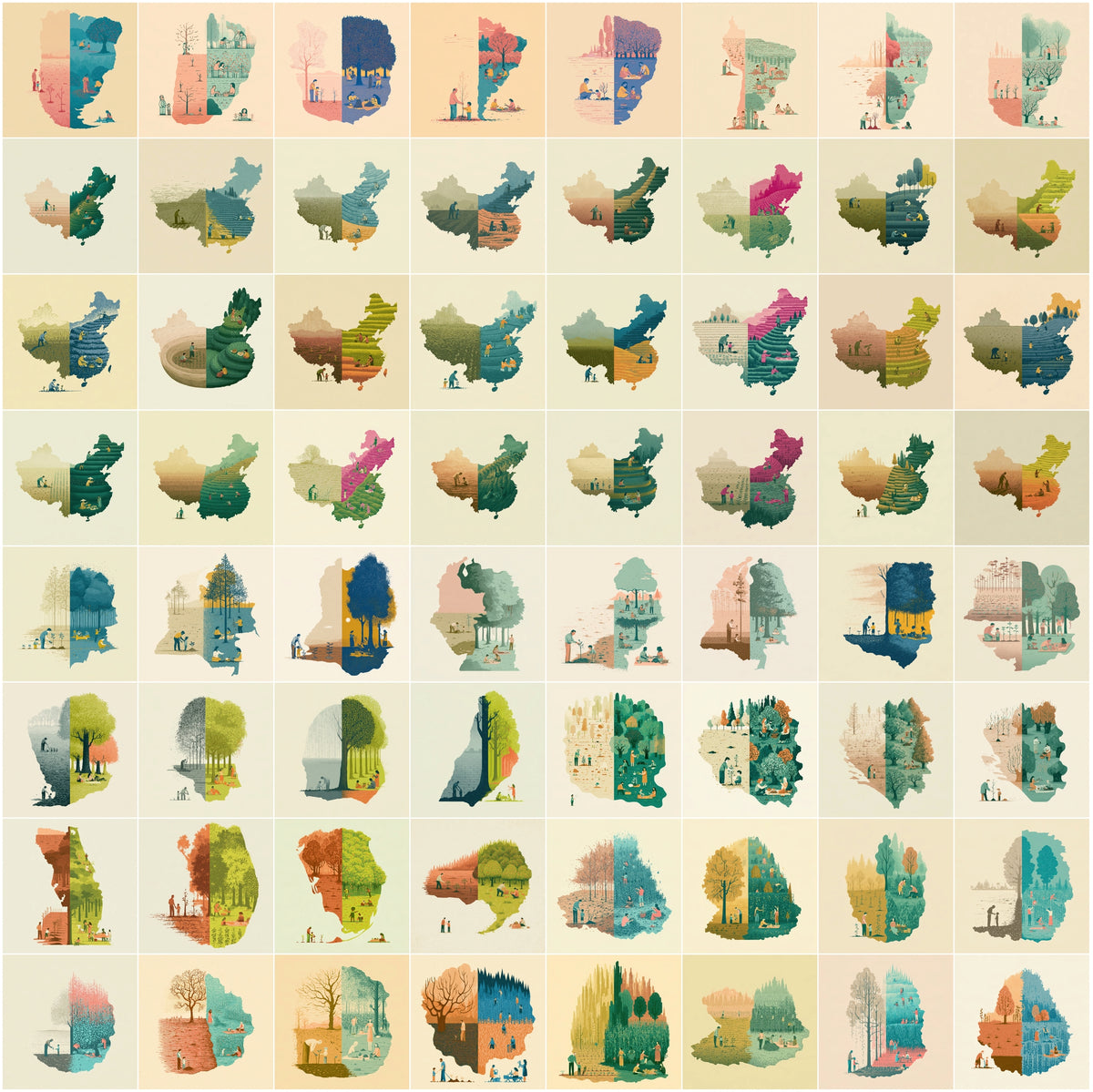 1270 Country Map Silhouette Posters - World Map Wall Art Bundle, Heritage & Harvest Split Designs