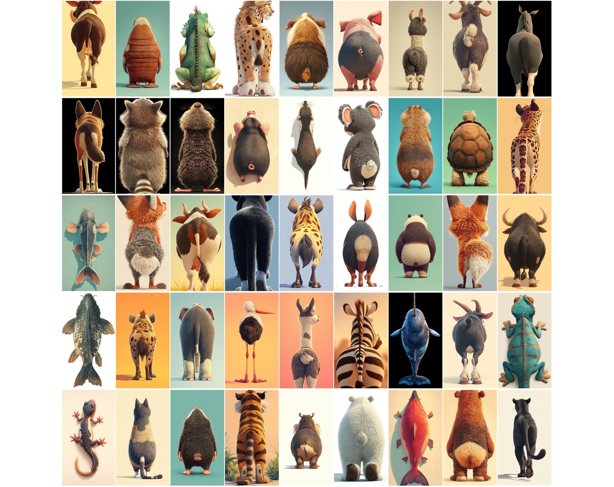 1080 Funny Animal Backs – Unique Rear View Animal Illustrations JPG Bundle