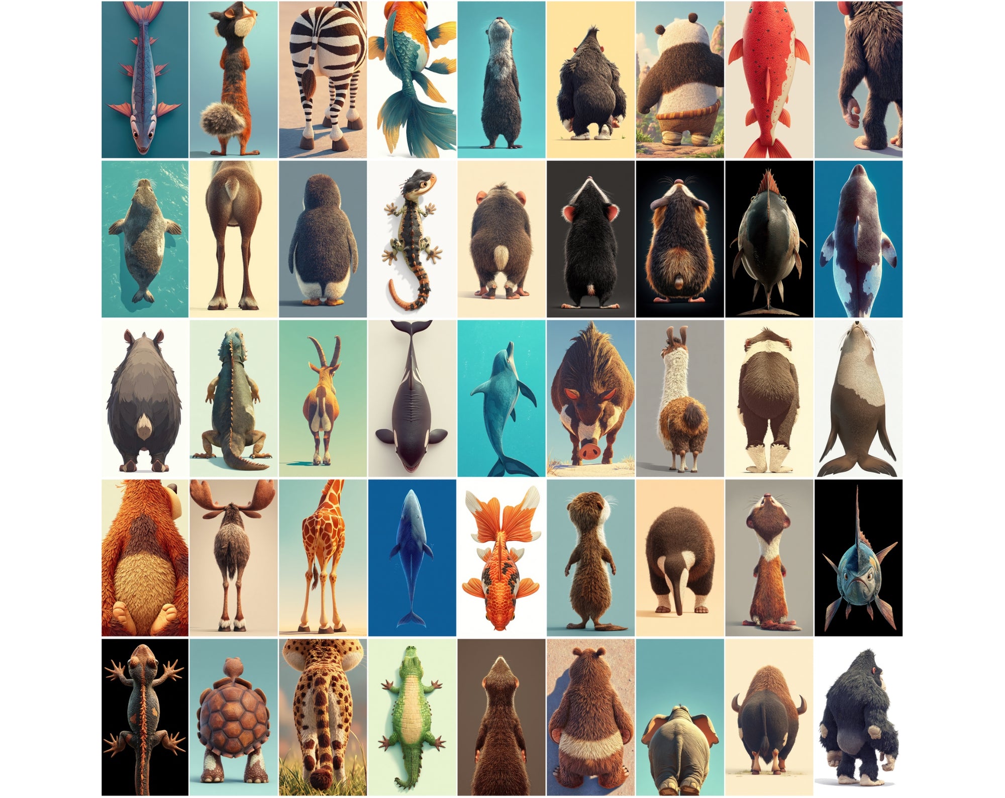1080 Funny Animal Backs – Unique Rear View Animal Illustrations JPG Bundle