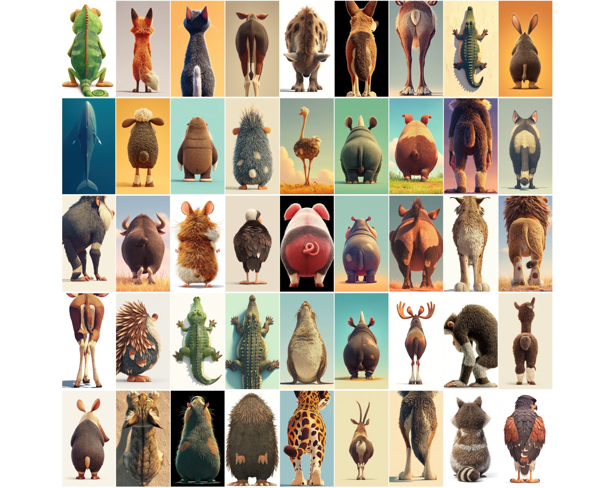 1080 Funny Animal Backs – Unique Rear View Animal Illustrations JPG Bundle