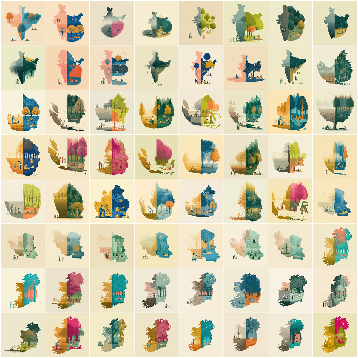 1270 Country Map Silhouette Posters - World Map Wall Art Bundle, Heritage & Harvest Split Designs
