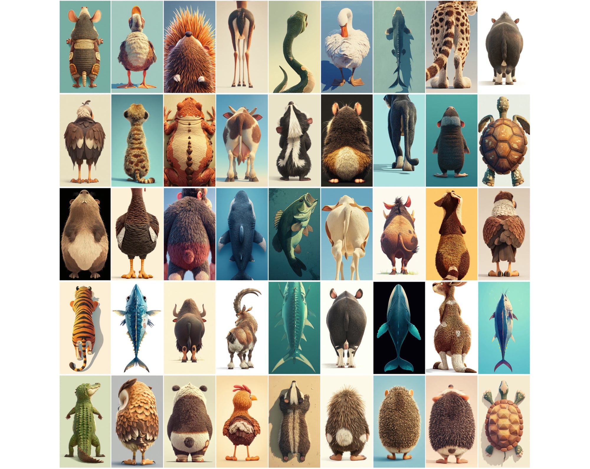 1080 Funny Animal Backs – Unique Rear View Animal Illustrations JPG Bundle