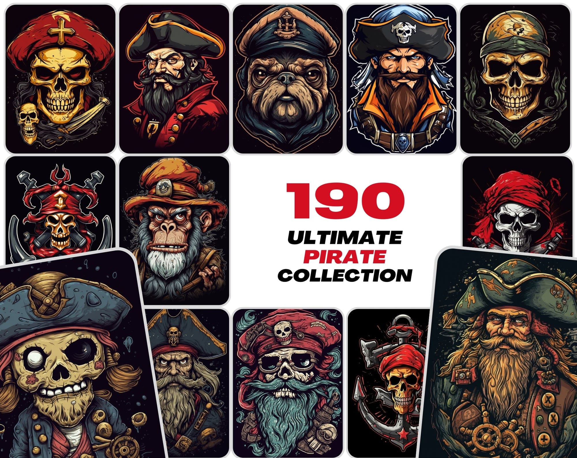 190 Commercial-Use Graphics Featuring Pirates, Skulls in High Resolution Digital Download Sumobundle