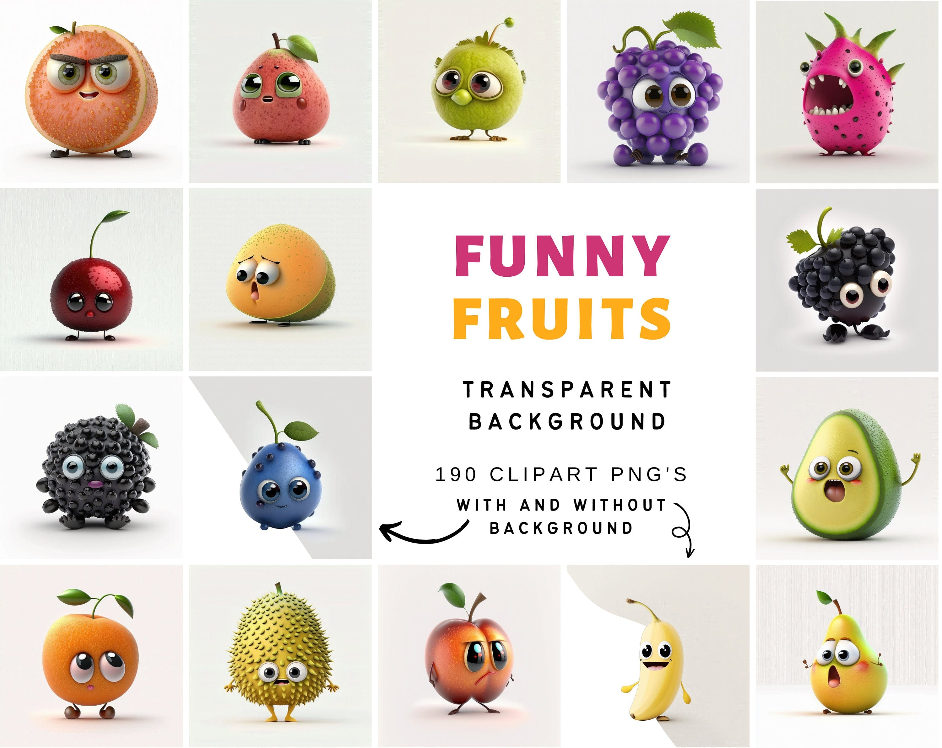 190 Funny Fruit Images Bundle, PNGs with Transparent Background for Social Media, Scrapbooking, Commercial License, Fruits No Background Digital Download Sumobundle