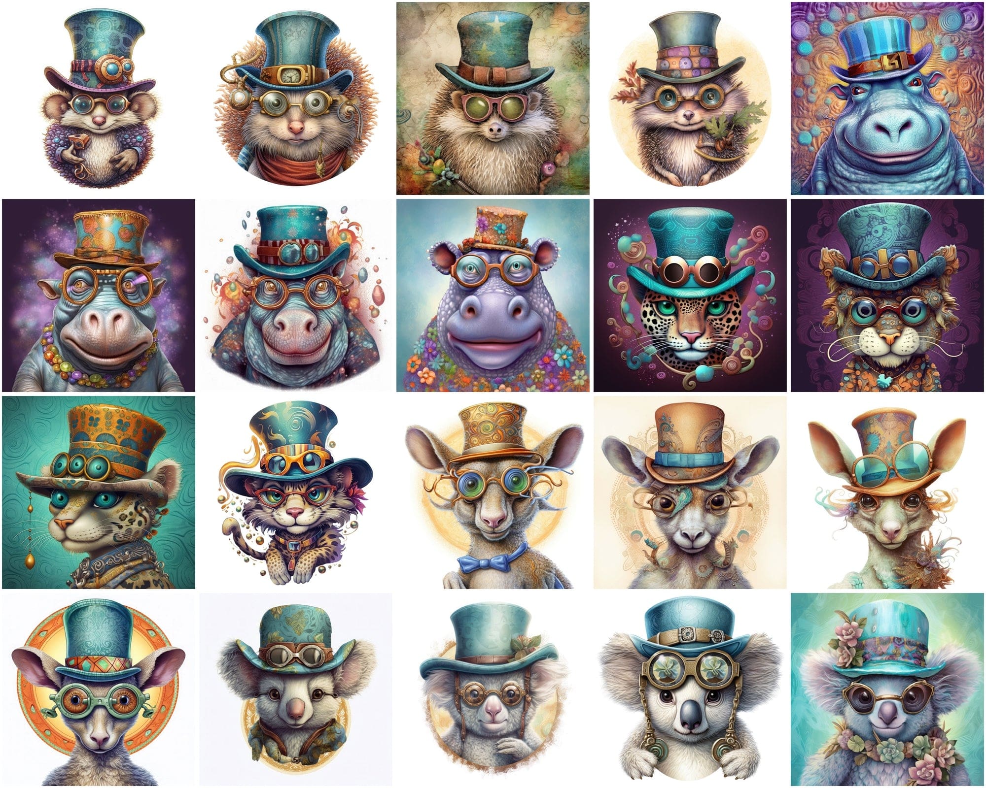 190 Whimsical, Magical, Wacky Animal Images | Commercial License | Colorful PNGs with Glasses Digital Download Sumobundle
