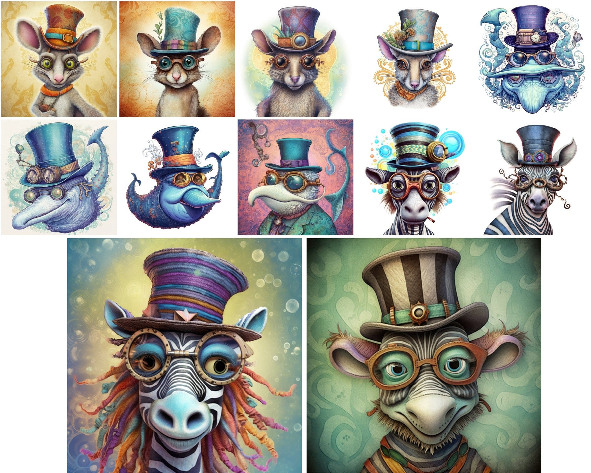 190 Whimsical, Magical, Wacky Animal Images | Commercial License | Colorful PNGs with Glasses Digital Download Sumobundle