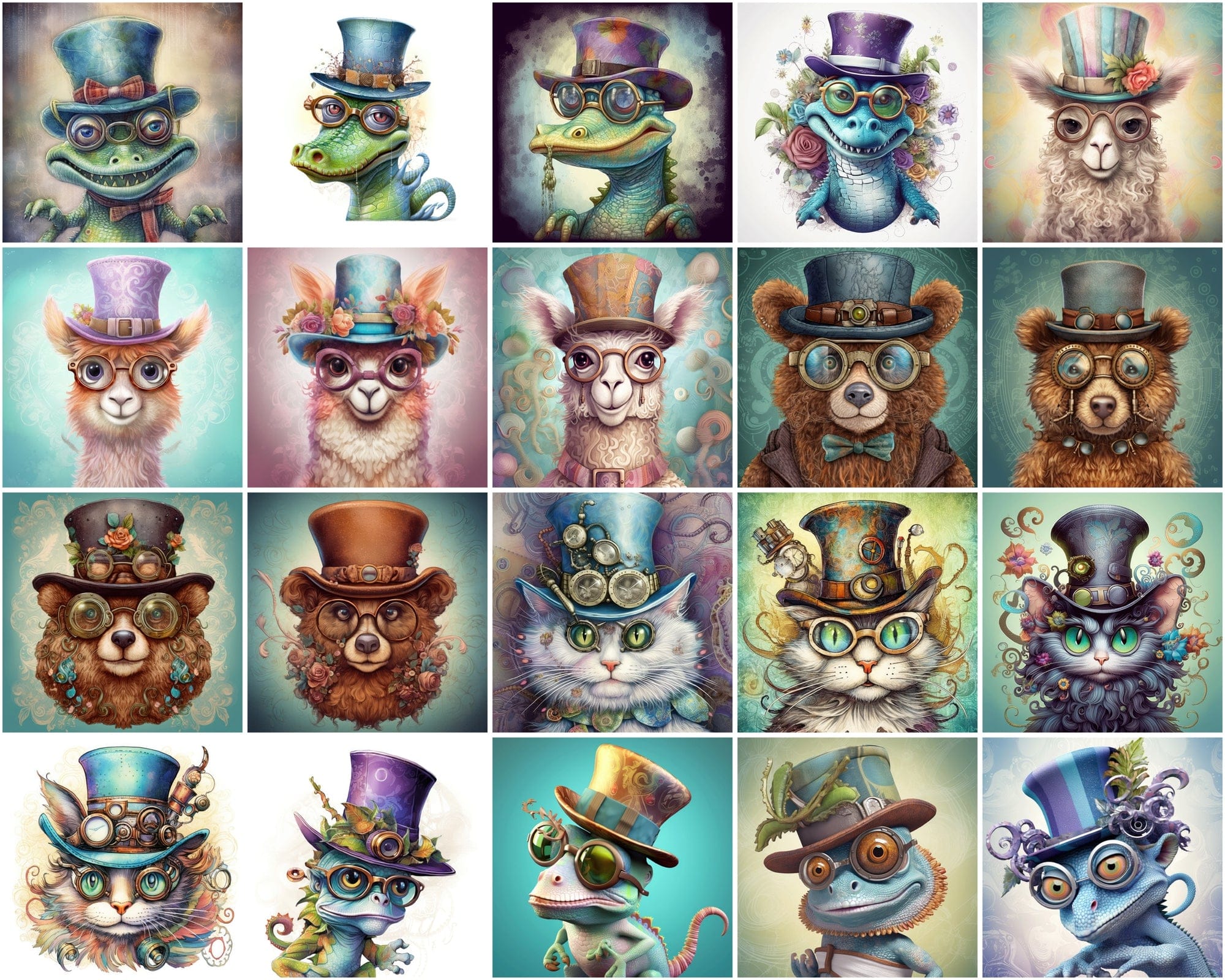 190 Whimsical, Magical, Wacky Animal Images | Commercial License | Colorful PNGs with Glasses Digital Download Sumobundle