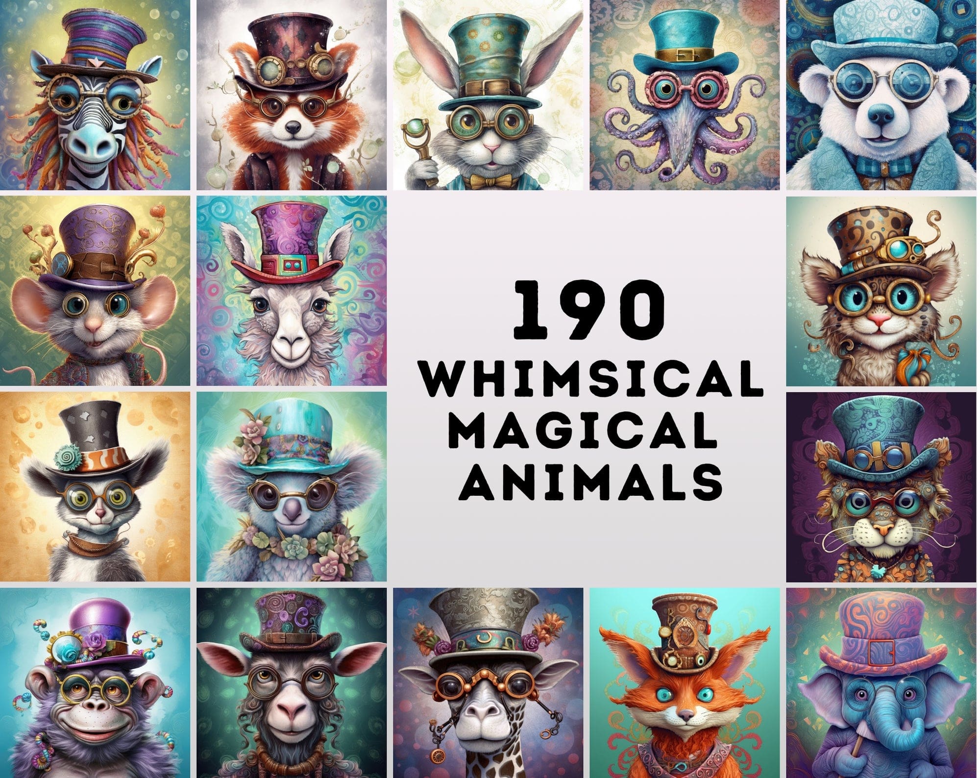 190 Whimsical, Magical, Wacky Animal Images | Commercial License | Colorful PNGs with Glasses Digital Download Sumobundle