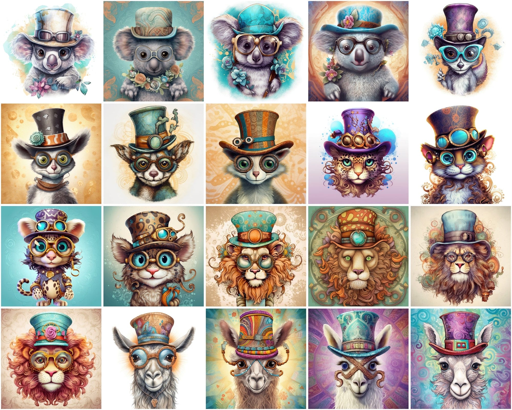 190 Whimsical, Magical, Wacky Animal Images | Commercial License | Colorful PNGs with Glasses Digital Download Sumobundle