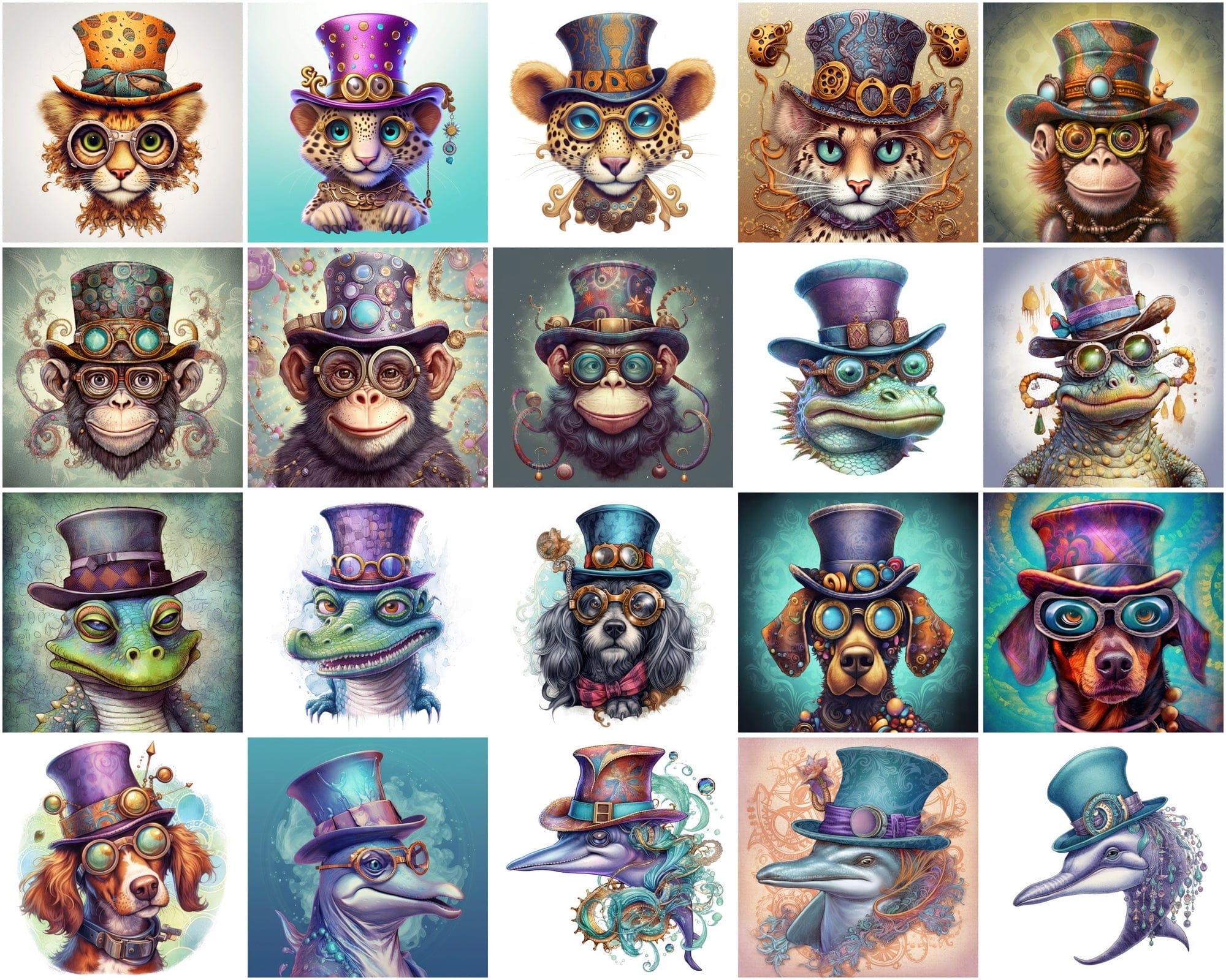 190 Whimsical, Magical, Wacky Animal Images | Commercial License | Colorful PNGs with Glasses Digital Download Sumobundle