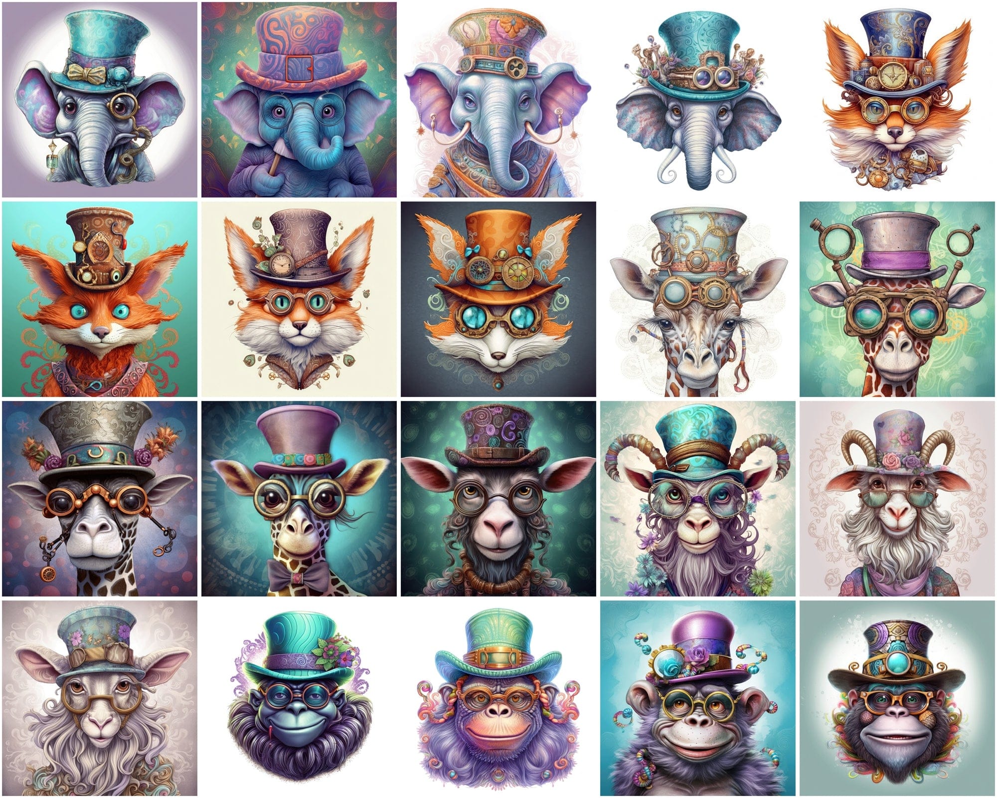 190 Whimsical, Magical, Wacky Animal Images | Commercial License | Colorful PNGs with Glasses Digital Download Sumobundle