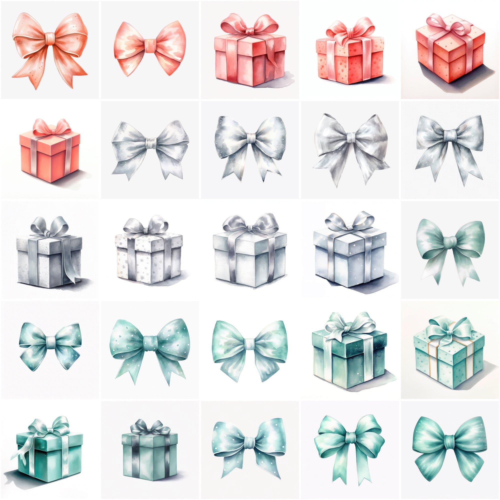 195 Premium Watercolor Bows & Gifts: Transparent PNGs with Commercial License Digital Download Sumobundle