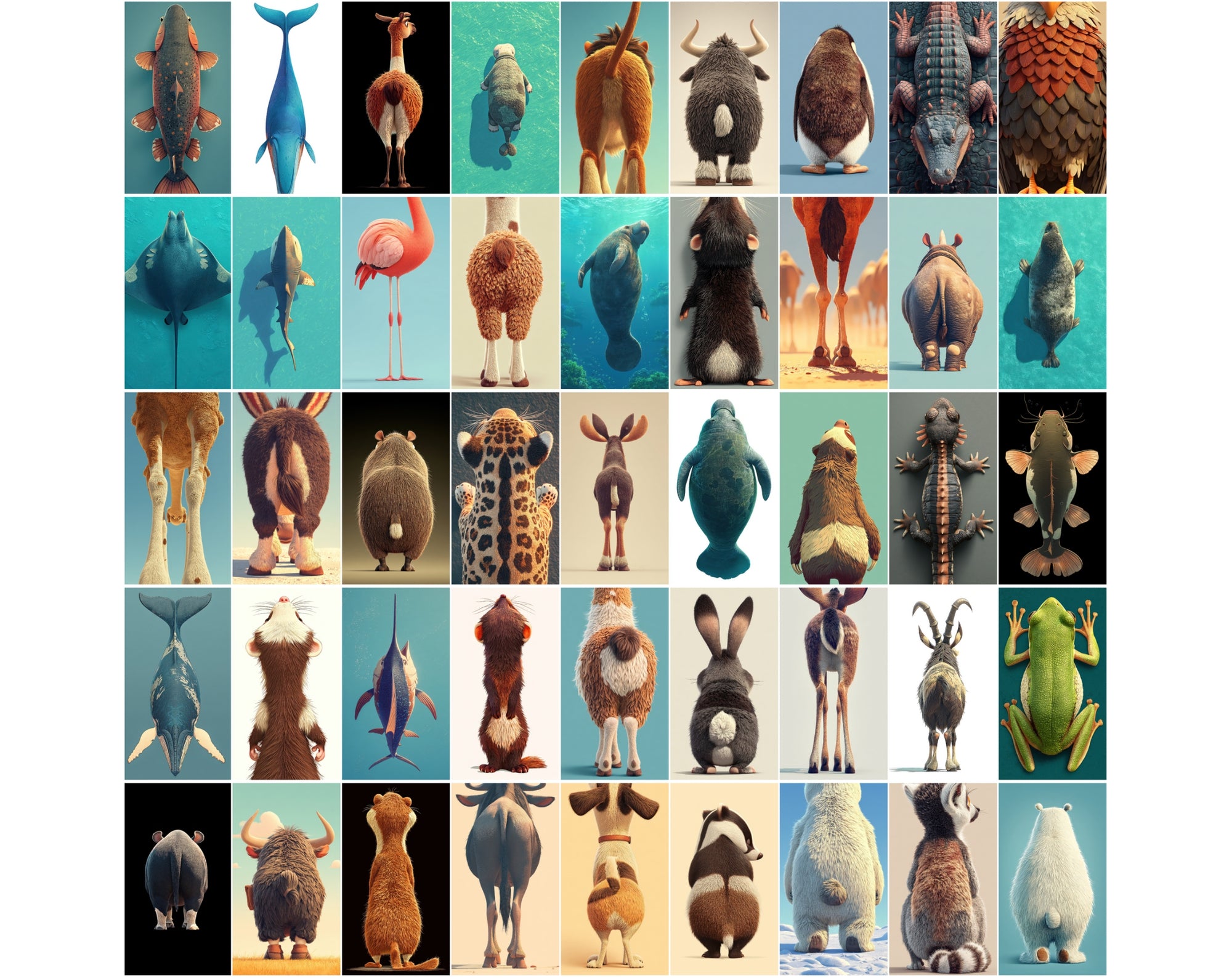 1080 Funny Animal Backs – Unique Rear View Animal Illustrations JPG Bundle