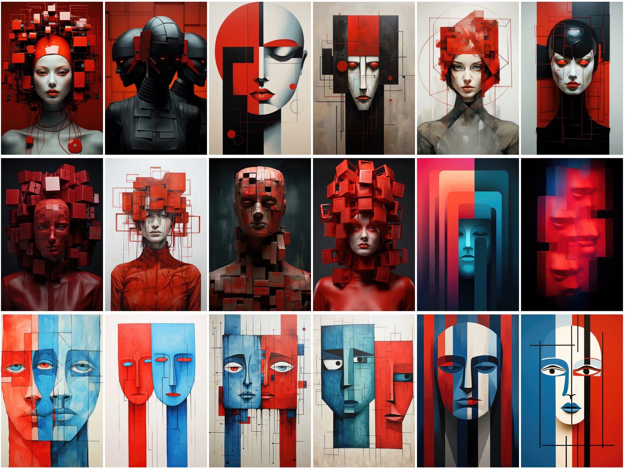210 Wall Art PNG Images - Colorful Square Heads, Red and Blue Accents, Minimal Line Art, Commercial License Included Digital Download Sumobundle