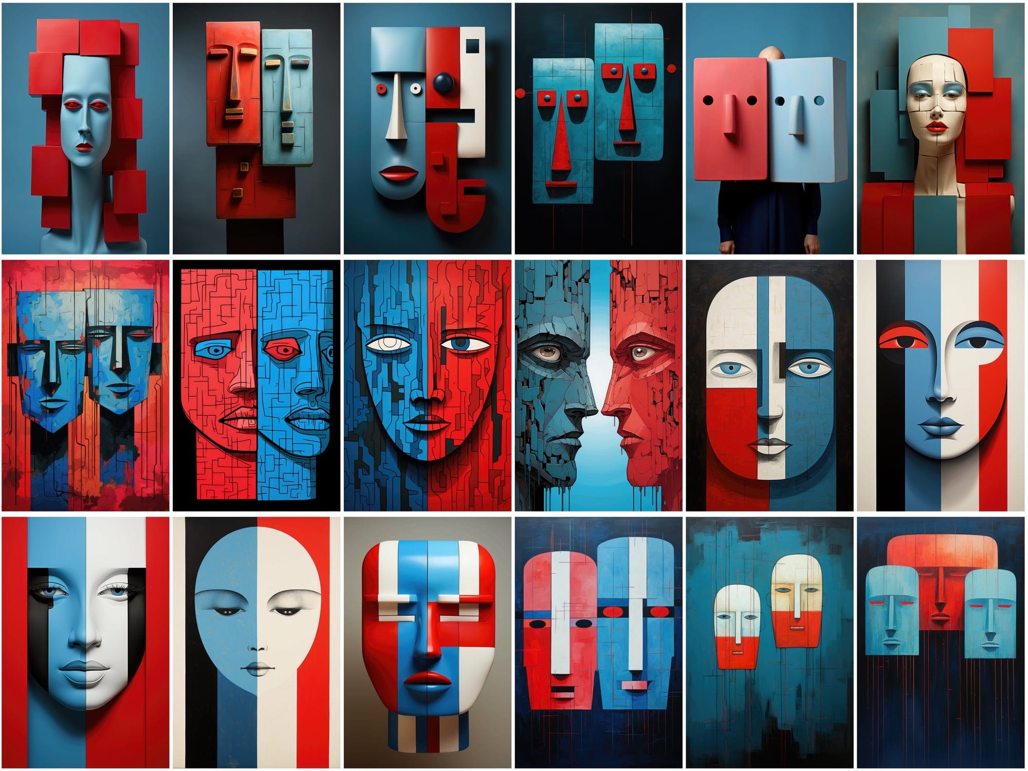210 Wall Art PNG Images - Colorful Square Heads, Red and Blue Accents, Minimal Line Art, Commercial License Included Digital Download Sumobundle