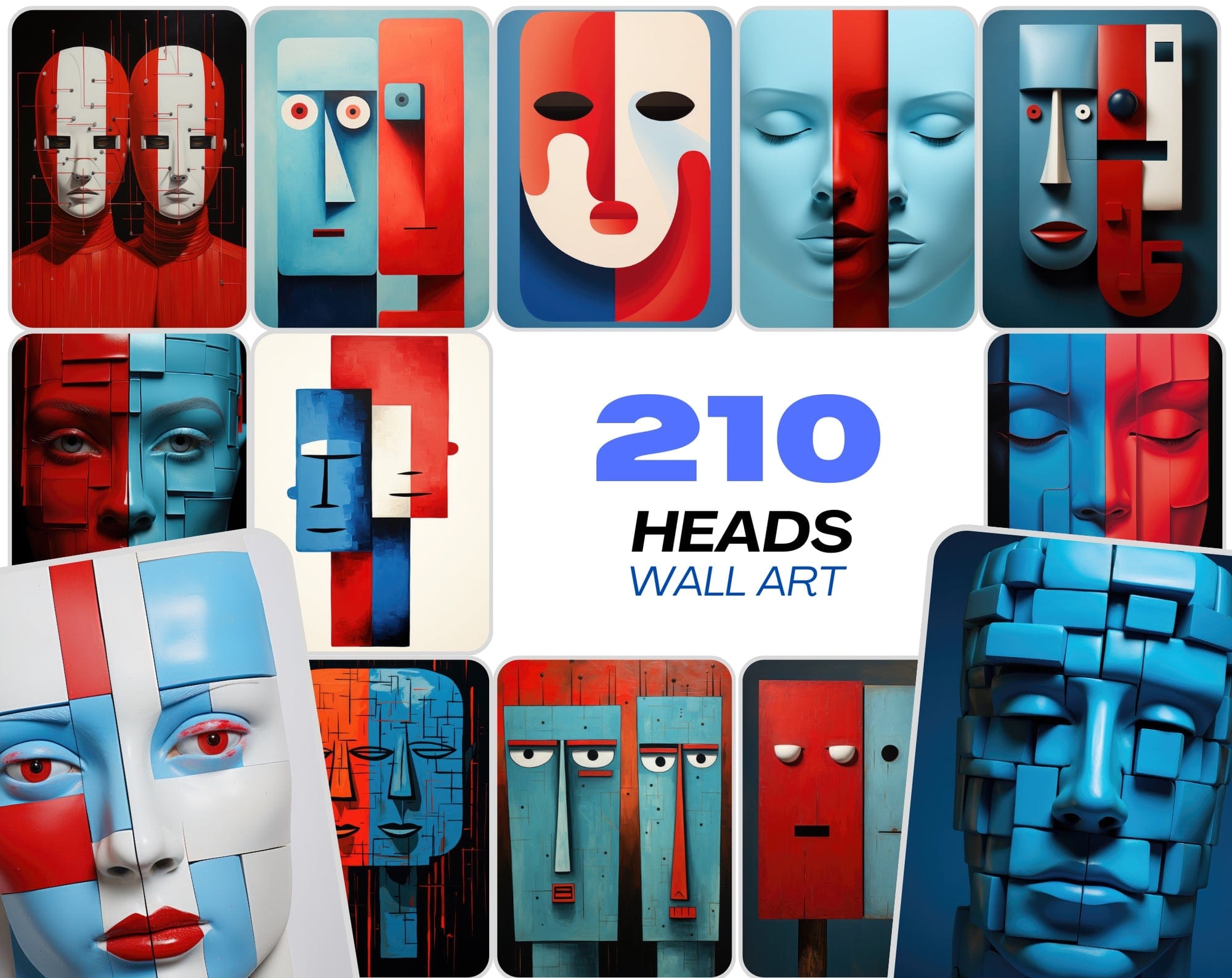 210 Wall Art PNG Images - Colorful Square Heads, Red and Blue Accents, Minimal Line Art, Commercial License Included Digital Download Sumobundle