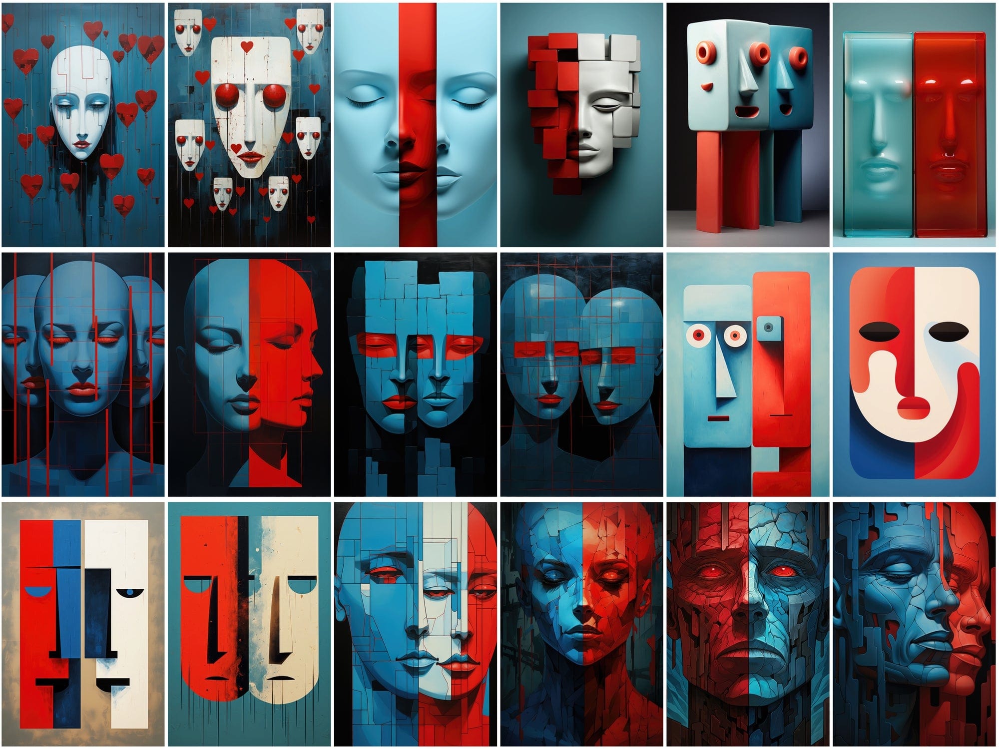 210 Wall Art PNG Images - Colorful Square Heads, Red and Blue Accents, Minimal Line Art, Commercial License Included Digital Download Sumobundle