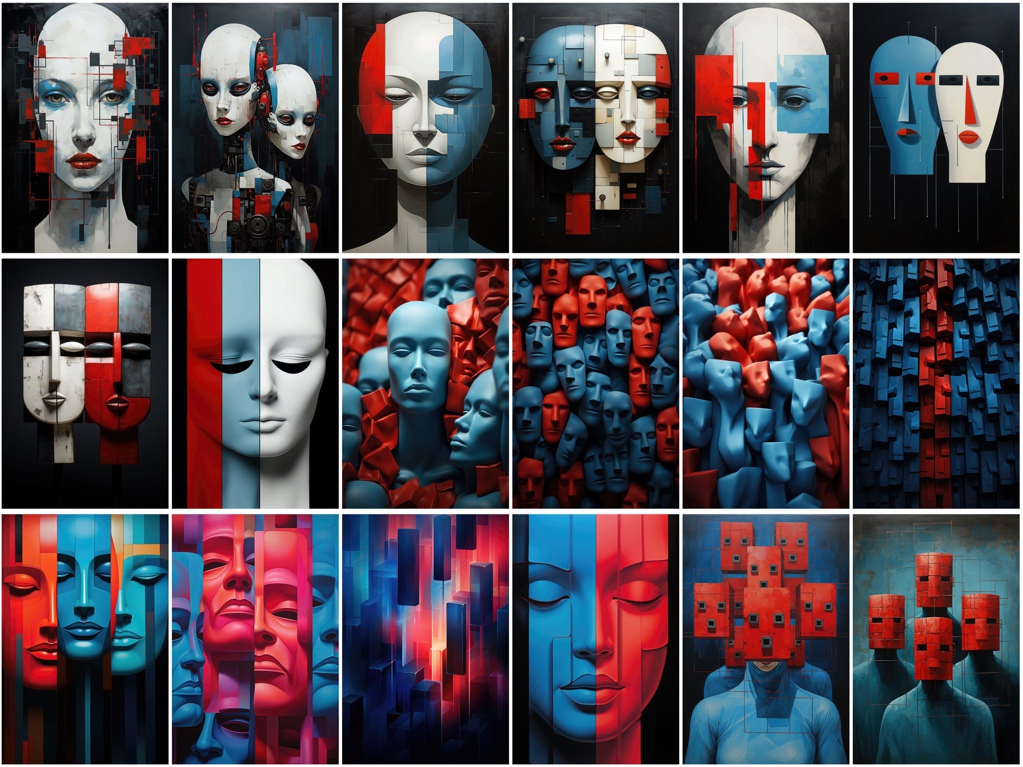 210 Wall Art PNG Images - Colorful Square Heads, Red and Blue Accents, Minimal Line Art, Commercial License Included Digital Download Sumobundle