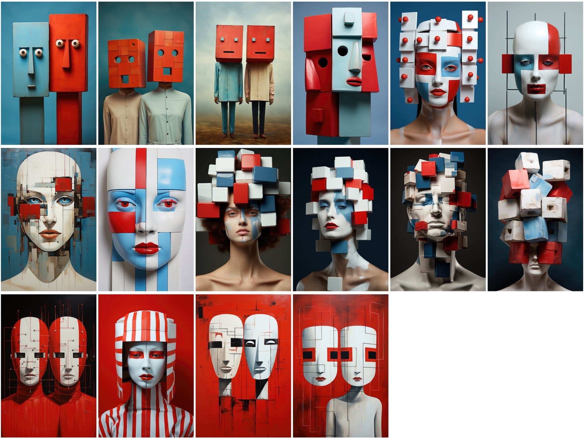 210 Wall Art PNG Images - Colorful Square Heads, Red and Blue Accents, Minimal Line Art, Commercial License Included Digital Download Sumobundle