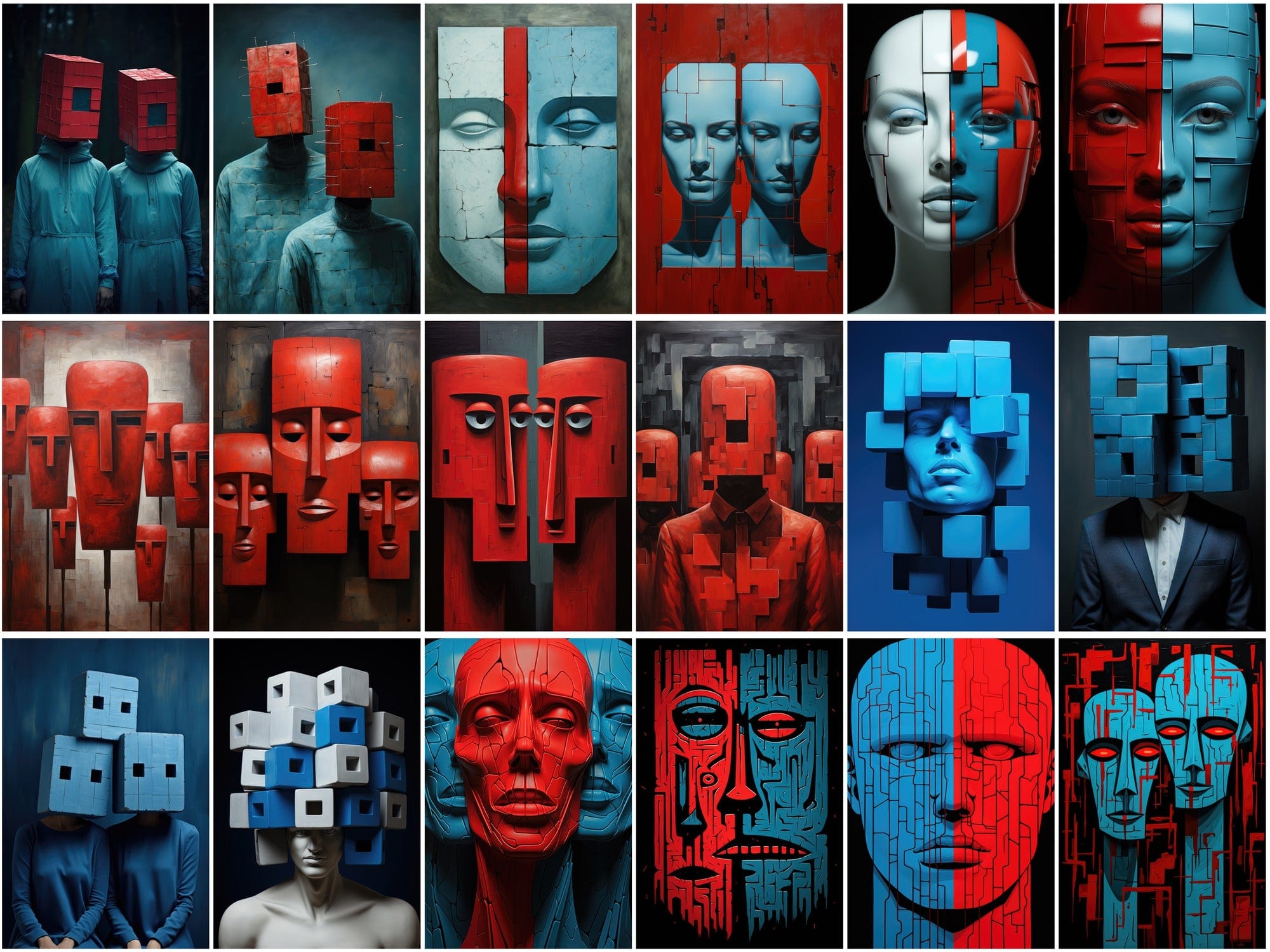 210 Wall Art PNG Images - Colorful Square Heads, Red and Blue Accents, Minimal Line Art, Commercial License Included Digital Download Sumobundle
