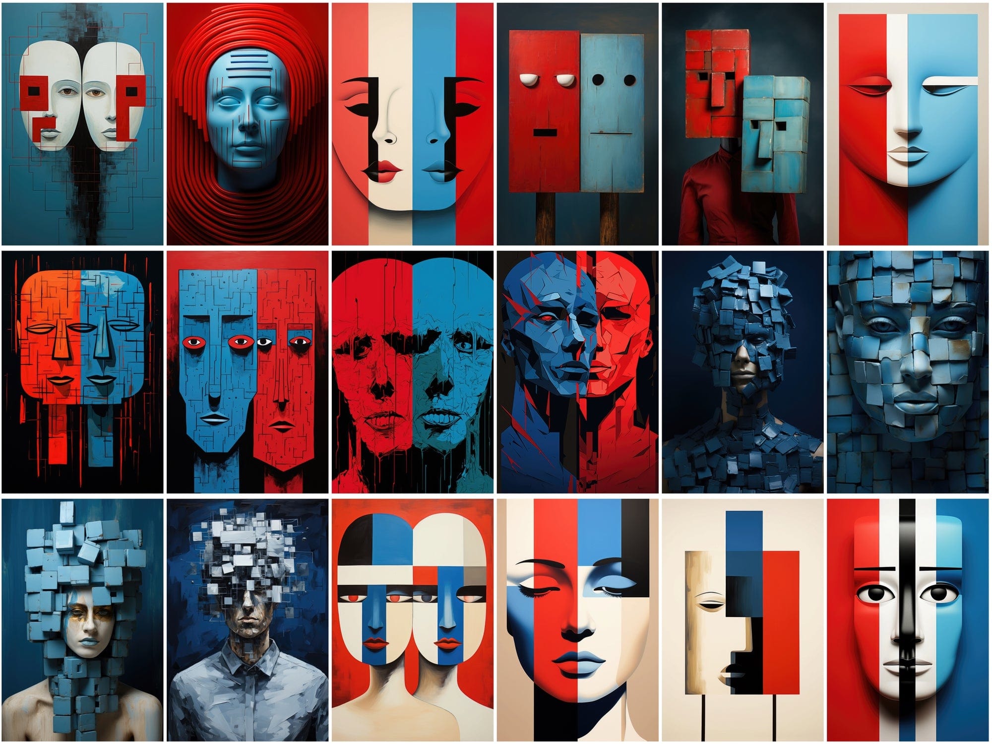 210 Wall Art PNG Images - Colorful Square Heads, Red and Blue Accents, Minimal Line Art, Commercial License Included Digital Download Sumobundle