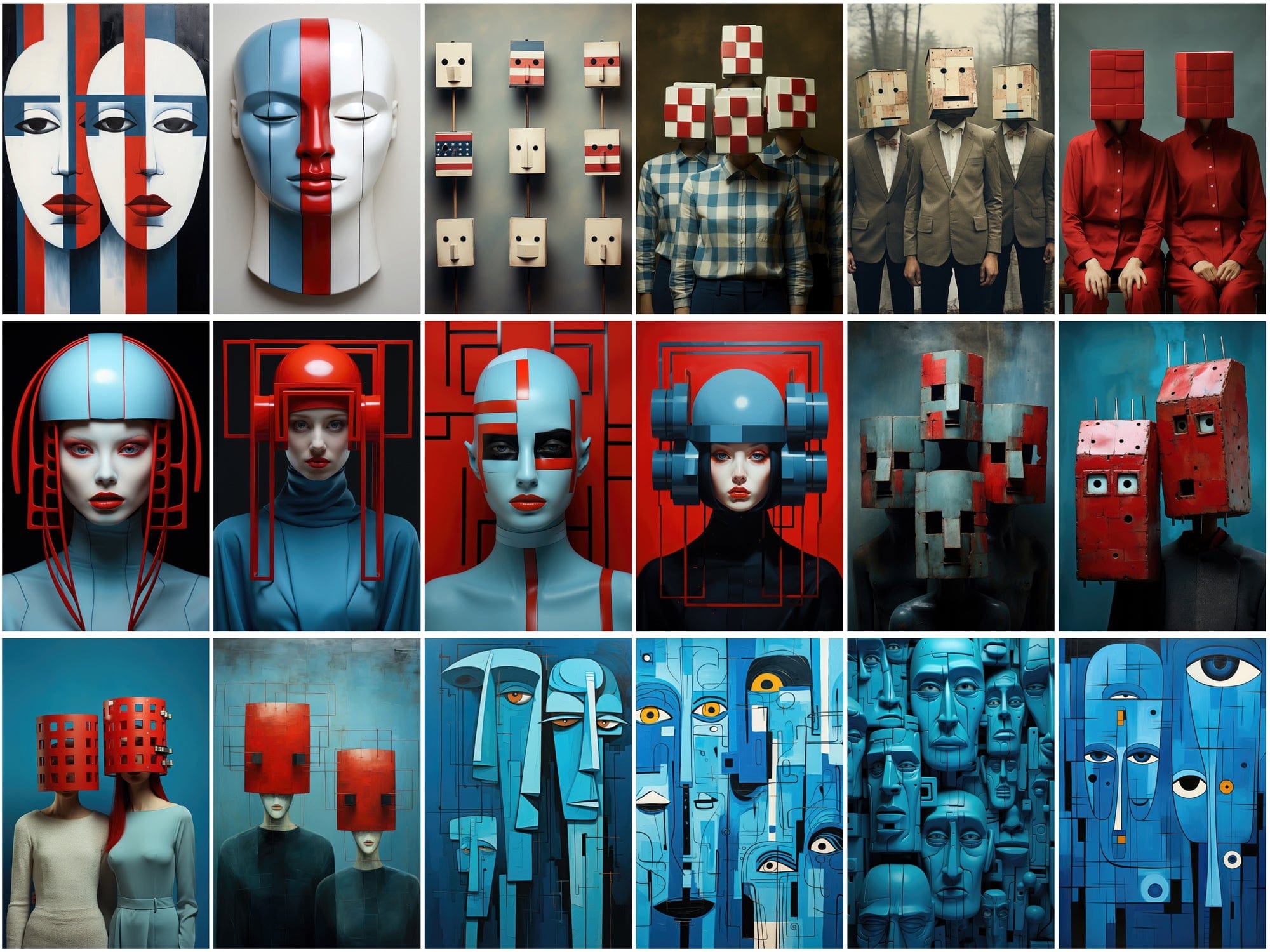 210 Wall Art PNG Images - Colorful Square Heads, Red and Blue Accents, Minimal Line Art, Commercial License Included Digital Download Sumobundle