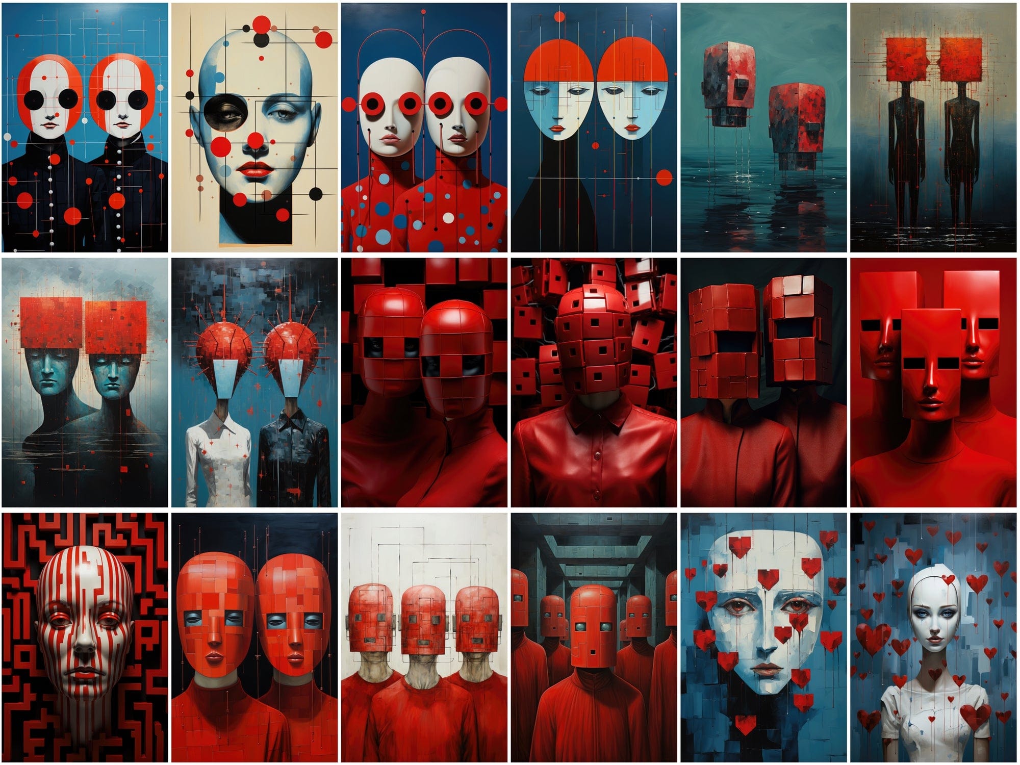 210 Wall Art PNG Images - Colorful Square Heads, Red and Blue Accents, Minimal Line Art, Commercial License Included Digital Download Sumobundle