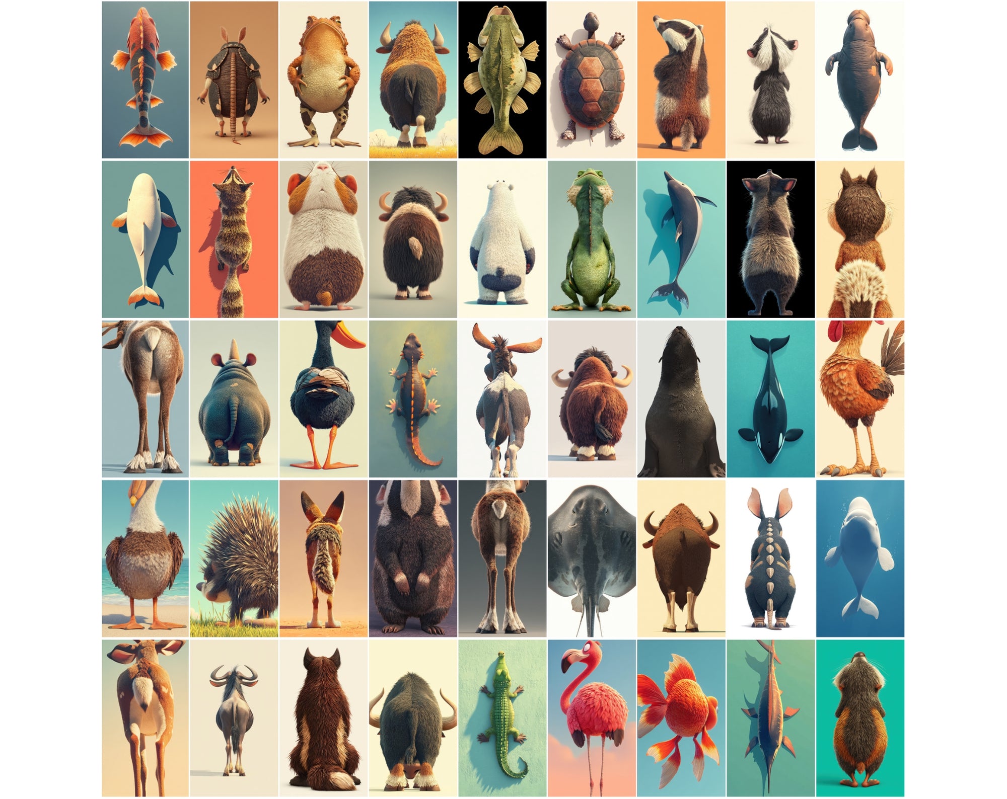 1080 Funny Animal Backs – Unique Rear View Animal Illustrations JPG Bundle