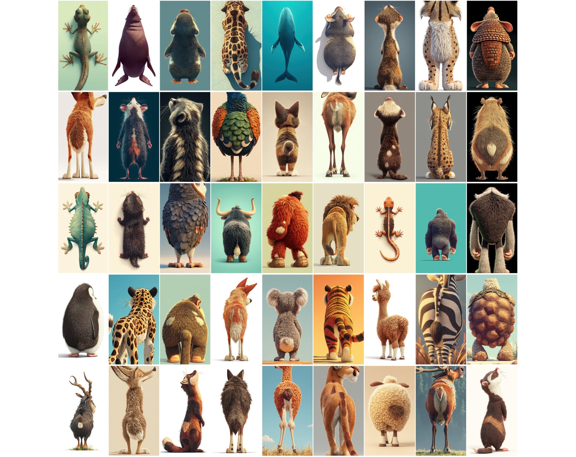 1080 Funny Animal Backs – Unique Rear View Animal Illustrations JPG Bundle