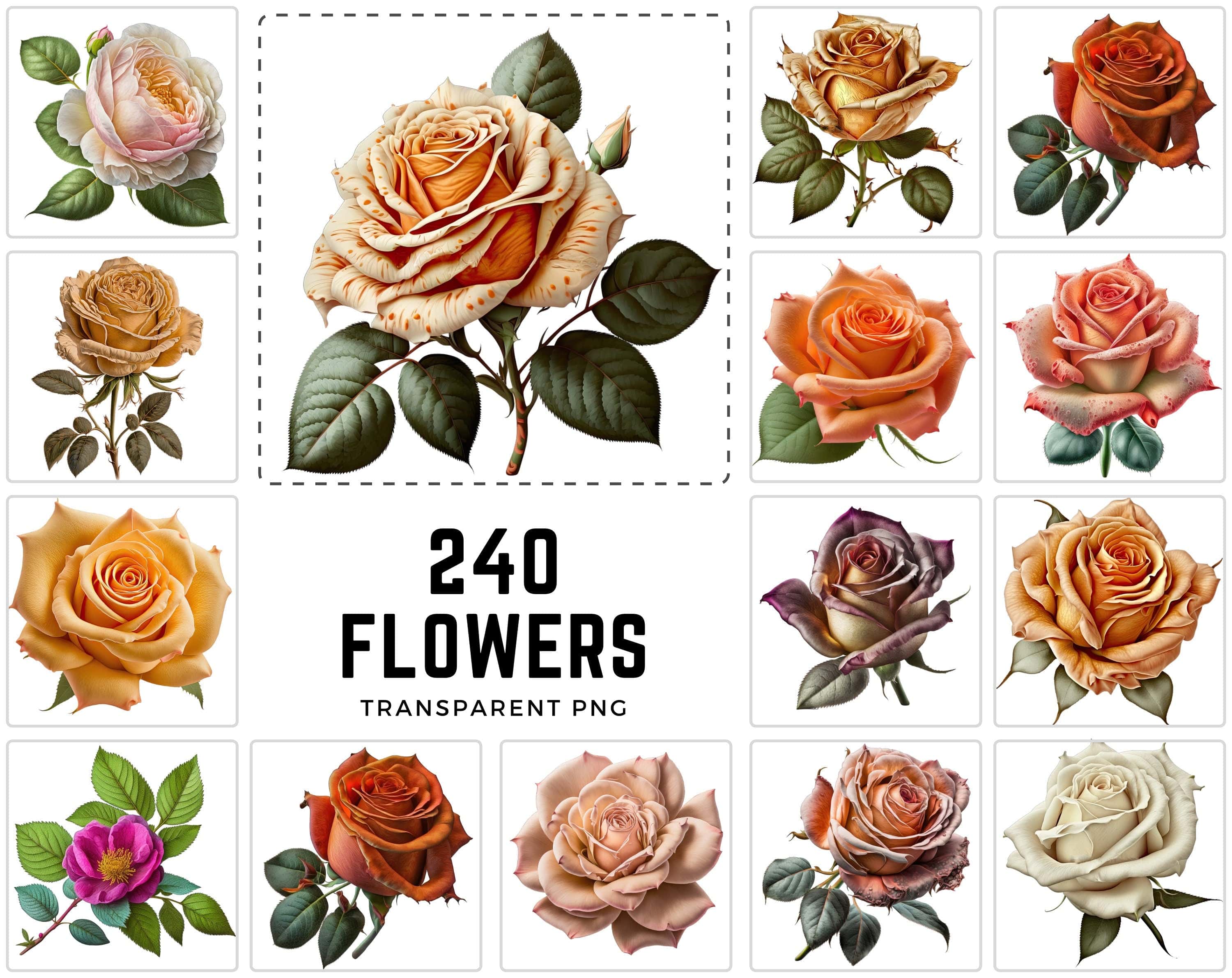 240 Flowers Transparent PNG, Floral Clipart Bundle Includes Roses, Printable Digital Roses, Commercial Use Digital Download Sumobundle
