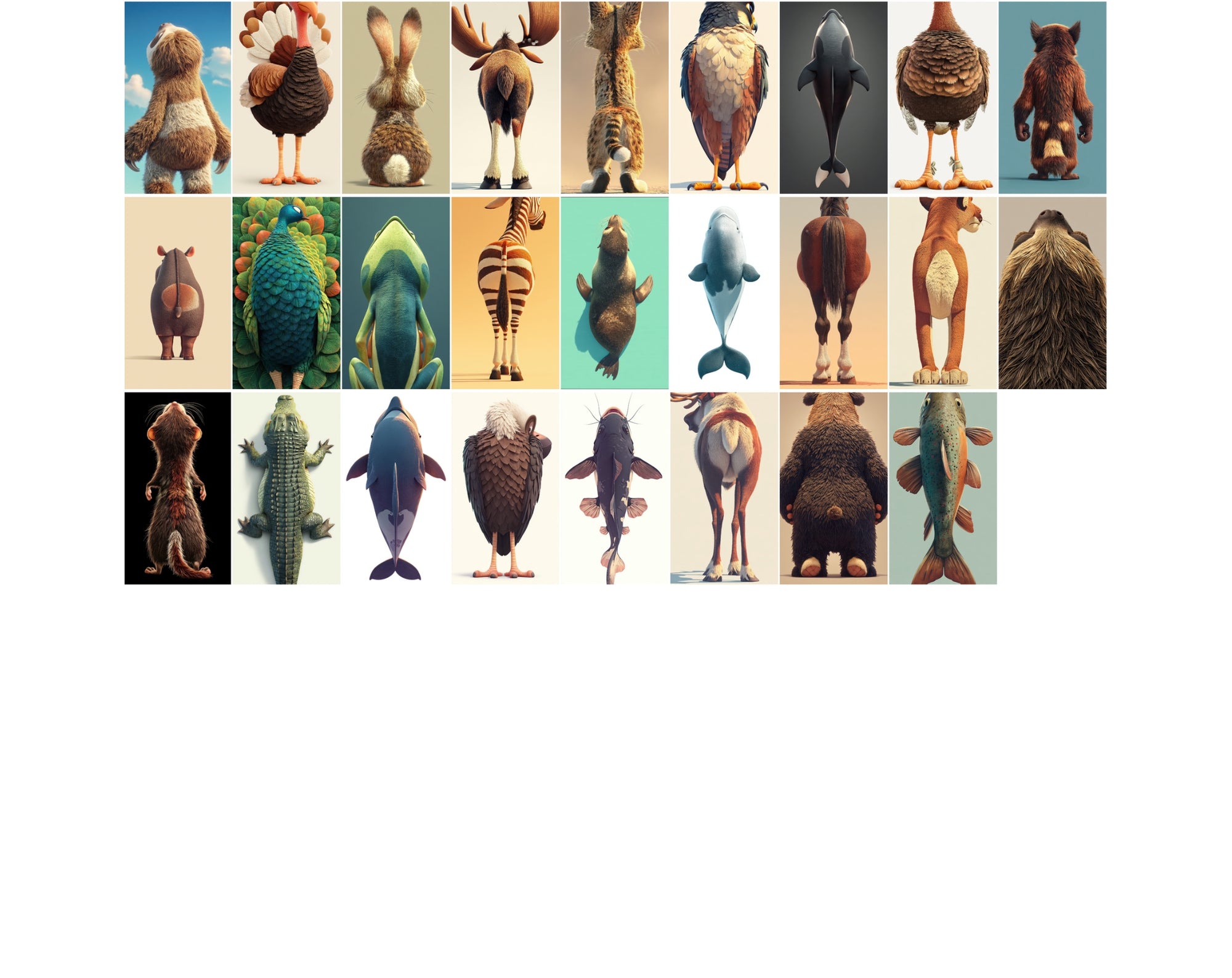 1080 Funny Animal Backs – Unique Rear View Animal Illustrations JPG Bundle