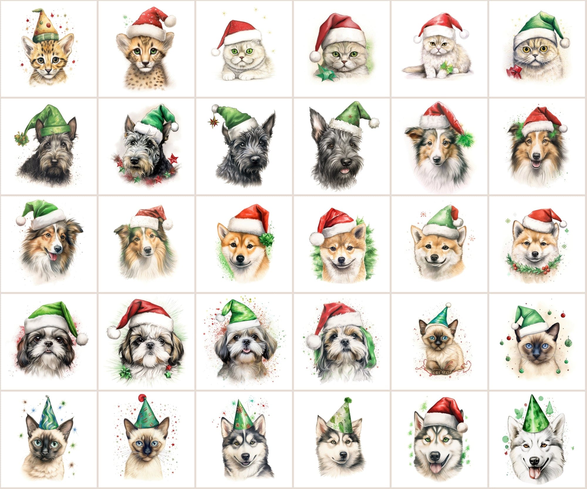 280 Animal Santa Hat PNGs: Dogs, Cats, Christmas Clipart, Commercial License Included Digital Download Sumobundle