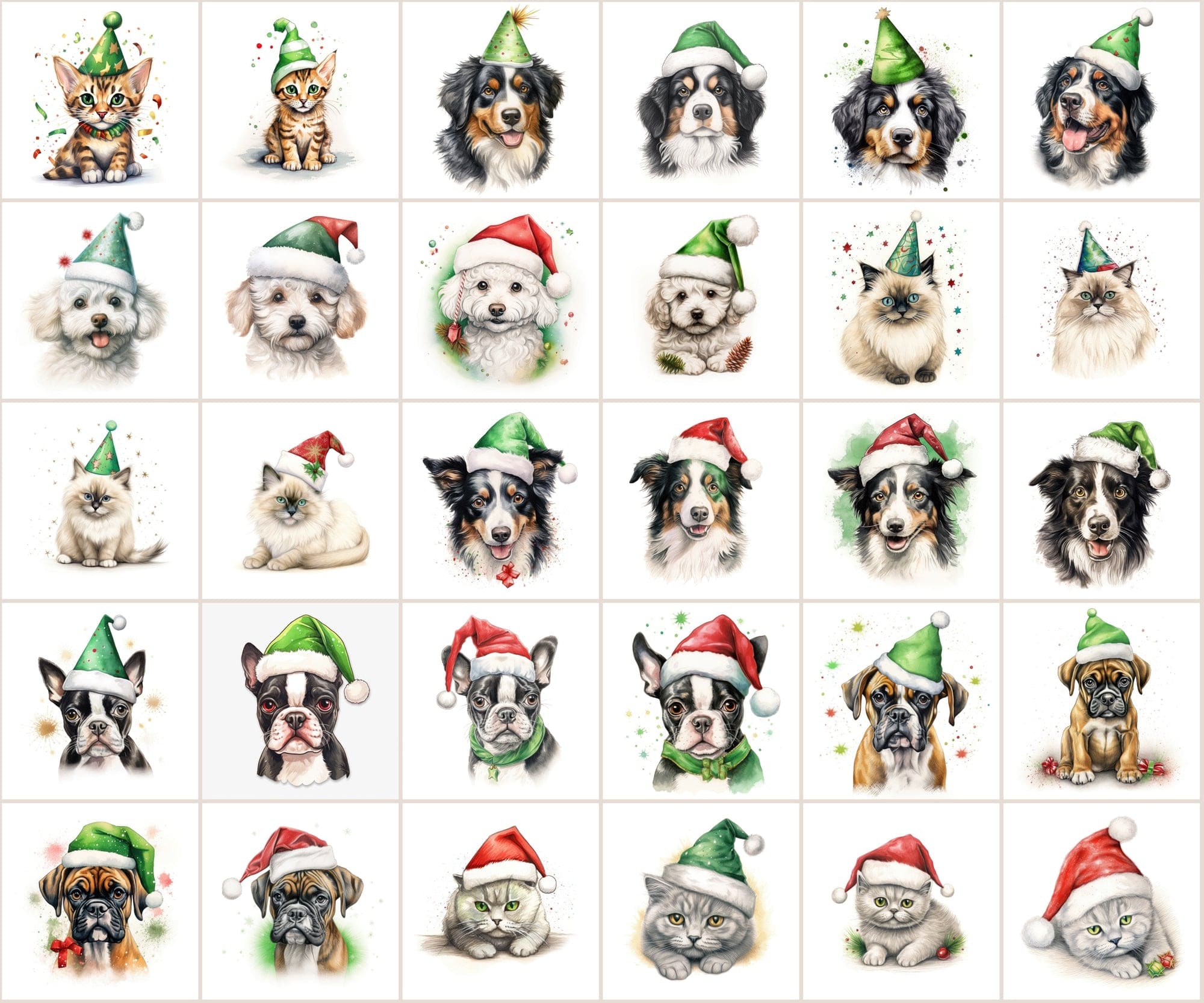 280 Animal Santa Hat PNGs: Dogs, Cats, Christmas Clipart, Commercial License Included Digital Download Sumobundle