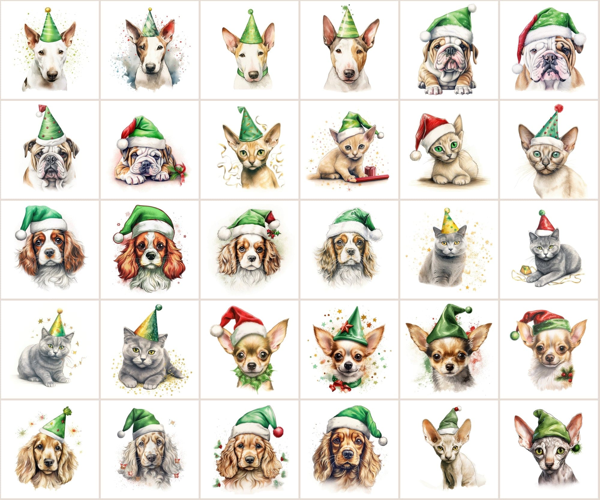 280 Animal Santa Hat PNGs: Dogs, Cats, Christmas Clipart, Commercial License Included Digital Download Sumobundle
