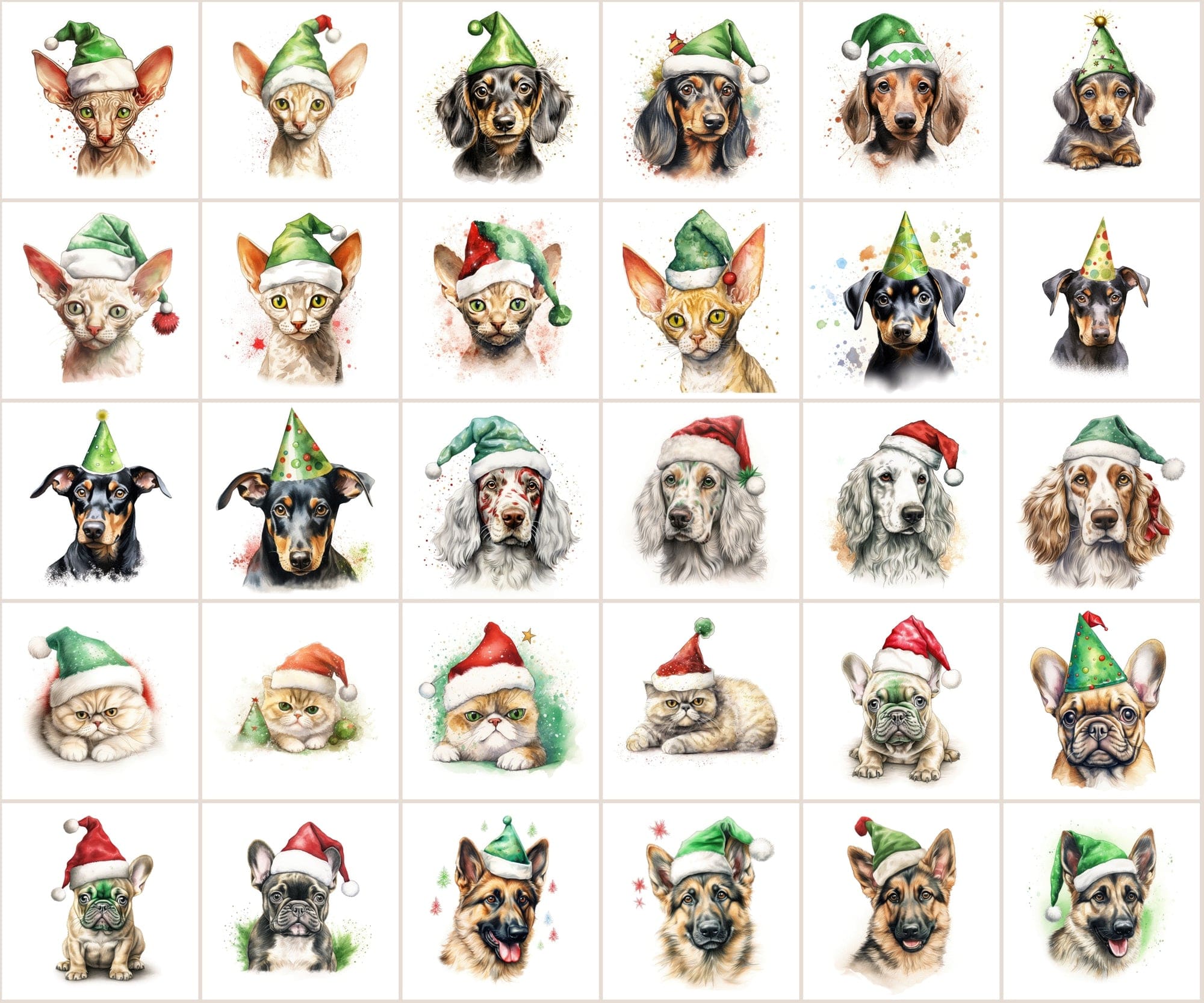 280 Animal Santa Hat PNGs: Dogs, Cats, Christmas Clipart, Commercial License Included Digital Download Sumobundle